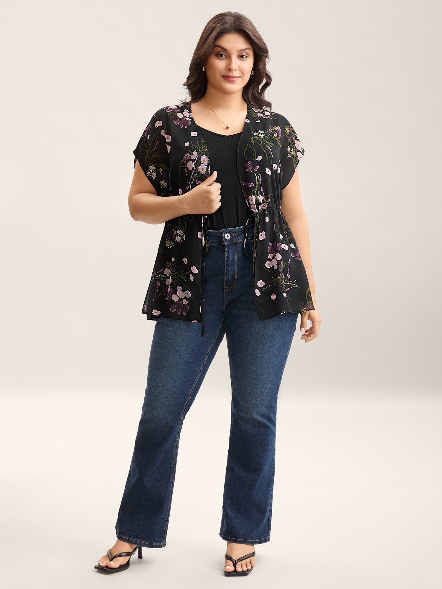 Floral Print Waist-Tie Mini Kimono