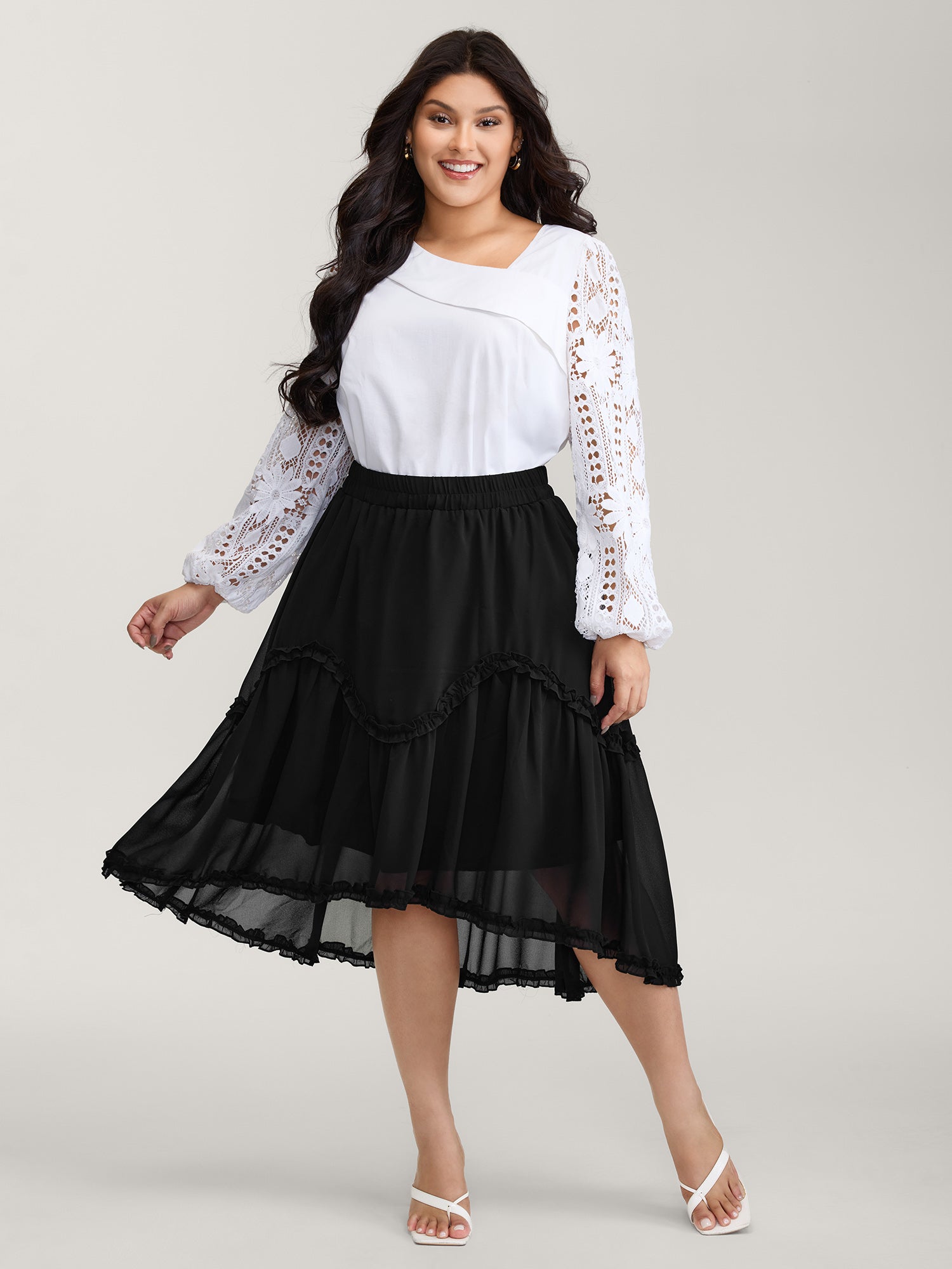 Ruffled Trim Sheer Midi Skirt