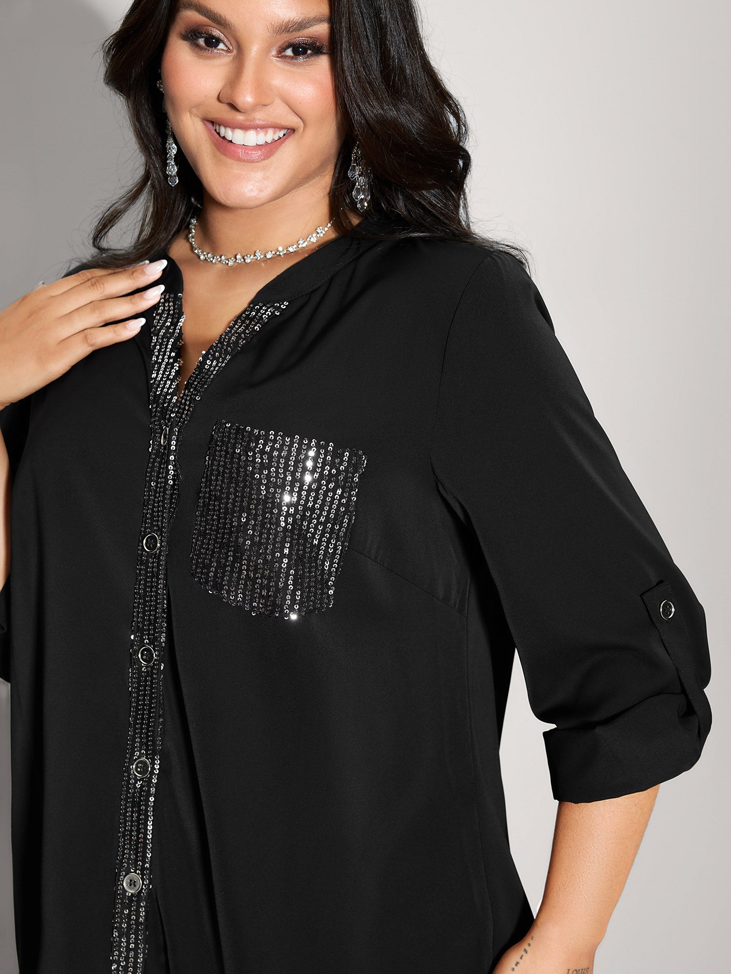Sequin Pocket Spliced Button Shirt