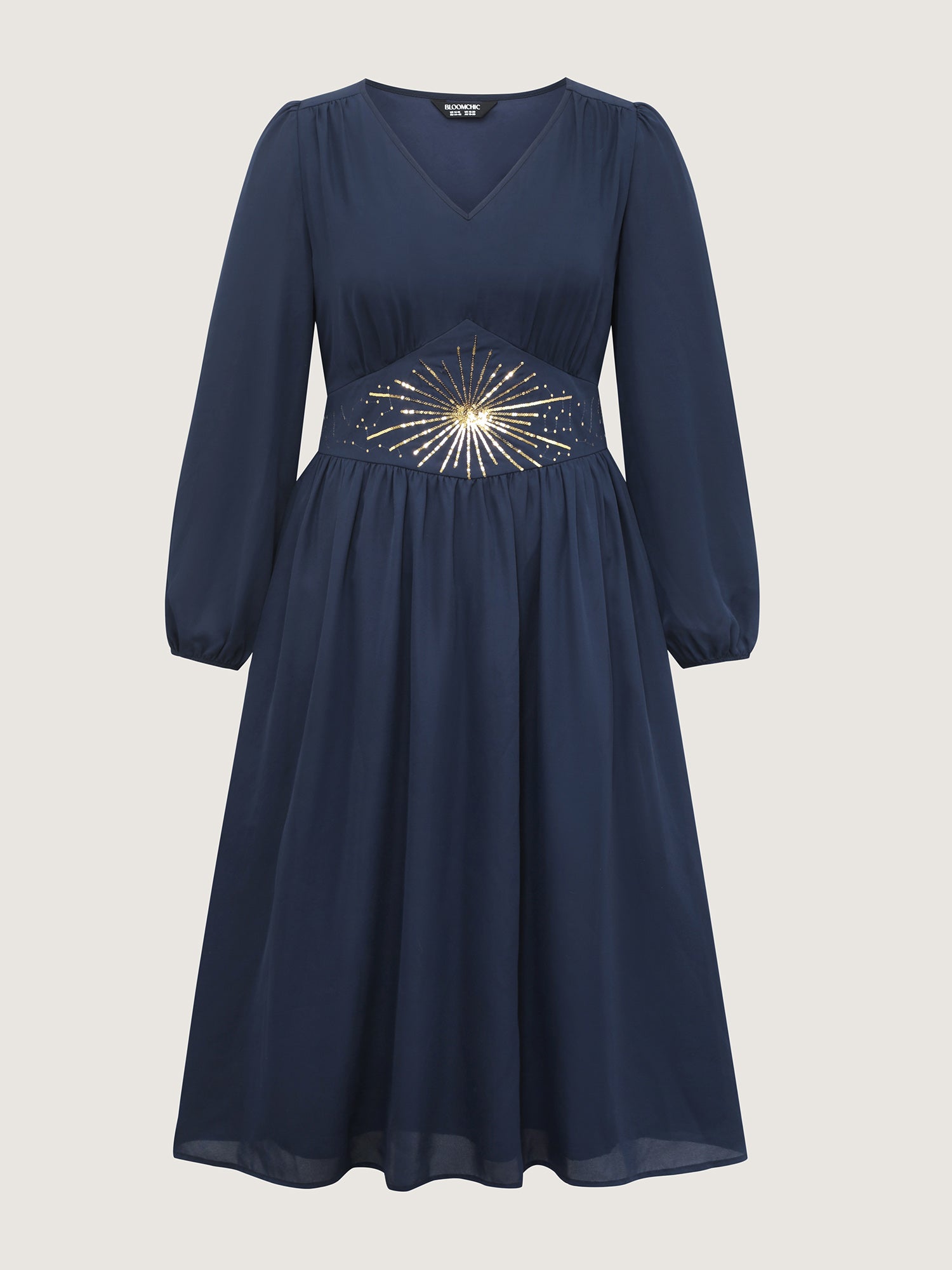 Gold Sequin Embroidery Sheer Shirred Midi Dress