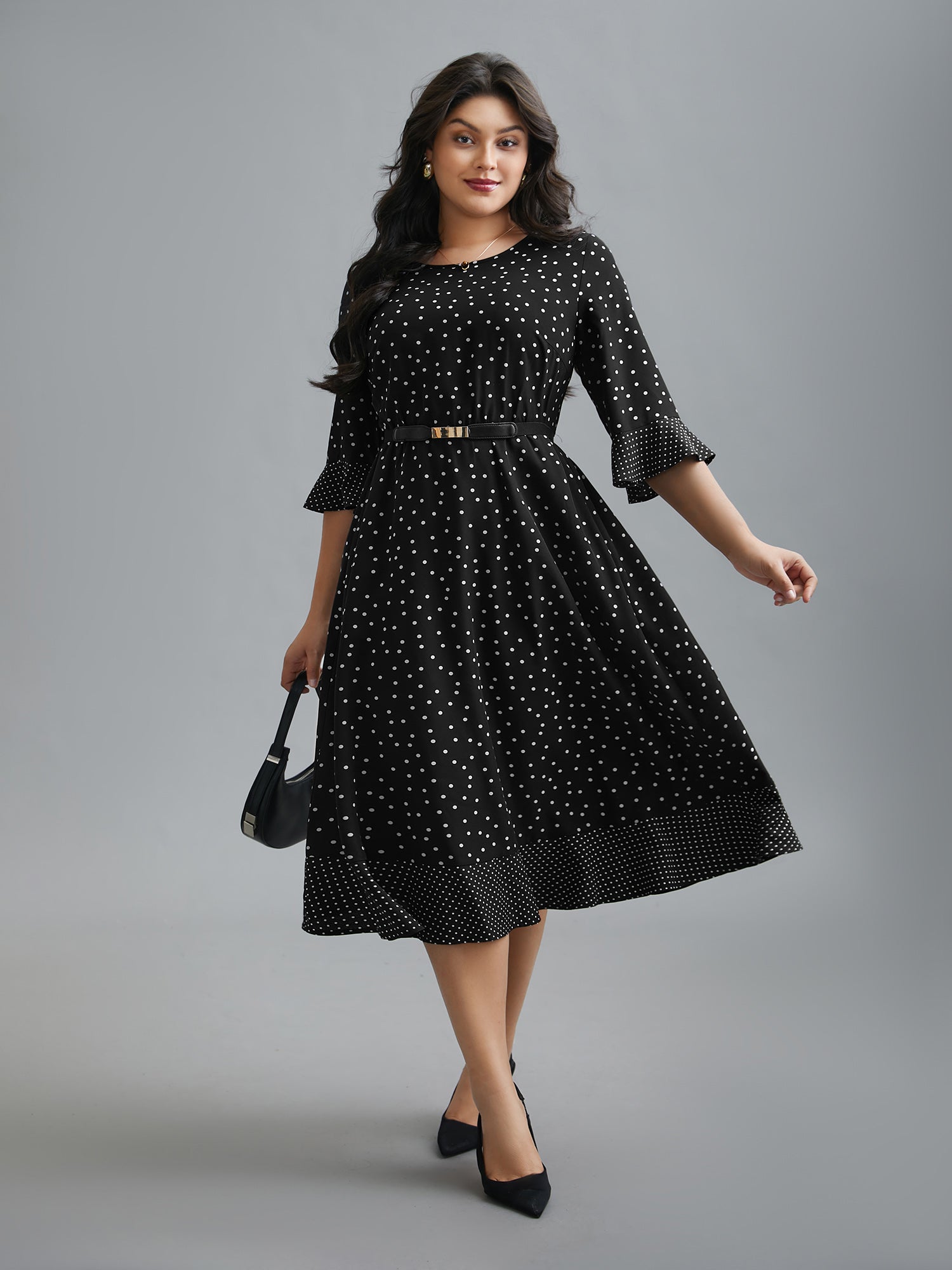 Crew Neck Polka Dot Waist Cinched Dress