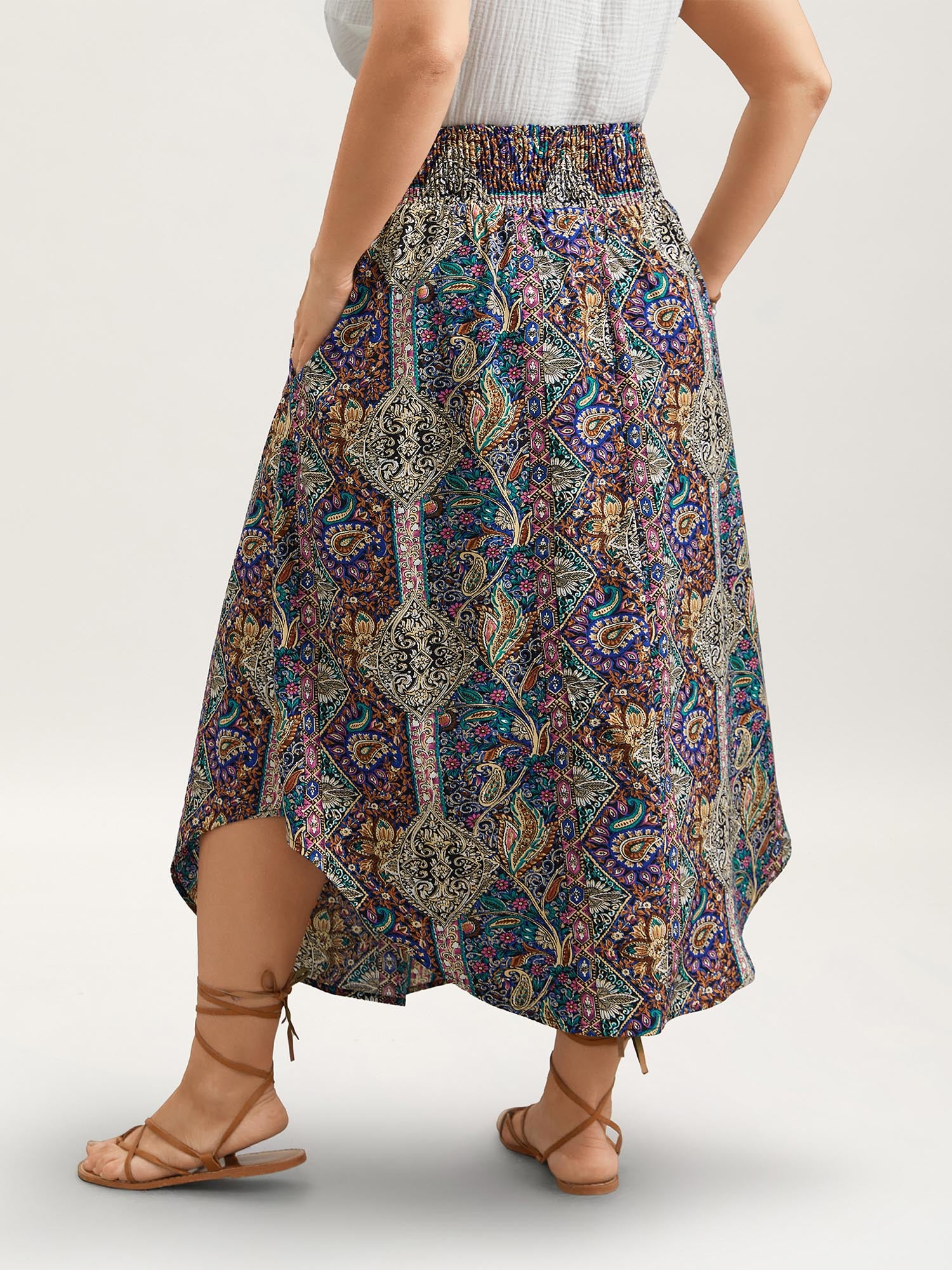 Boho Print Shirred Waist Midi Skirt