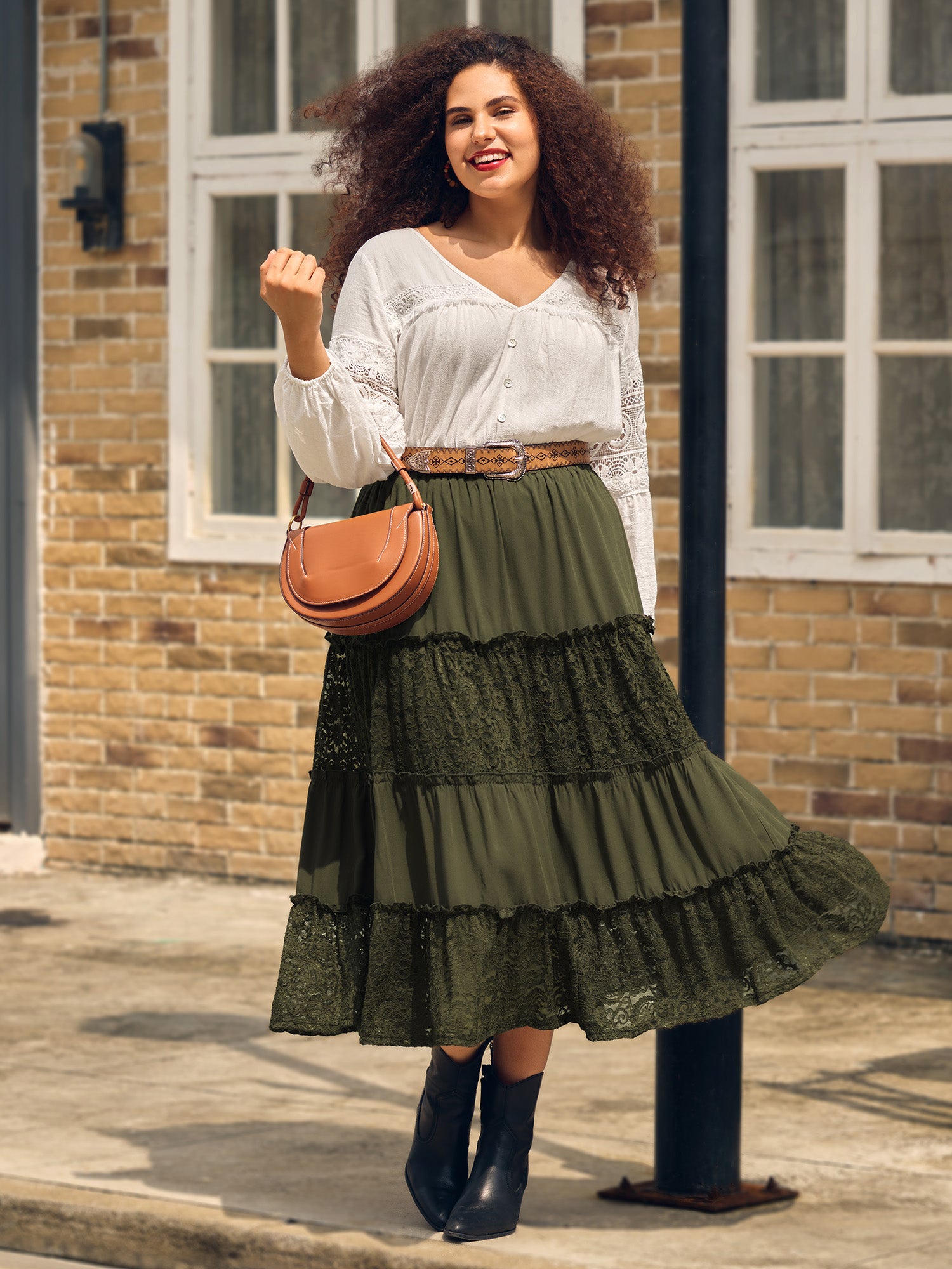 Lace Trim Flowy Tiered Maxi Skirt