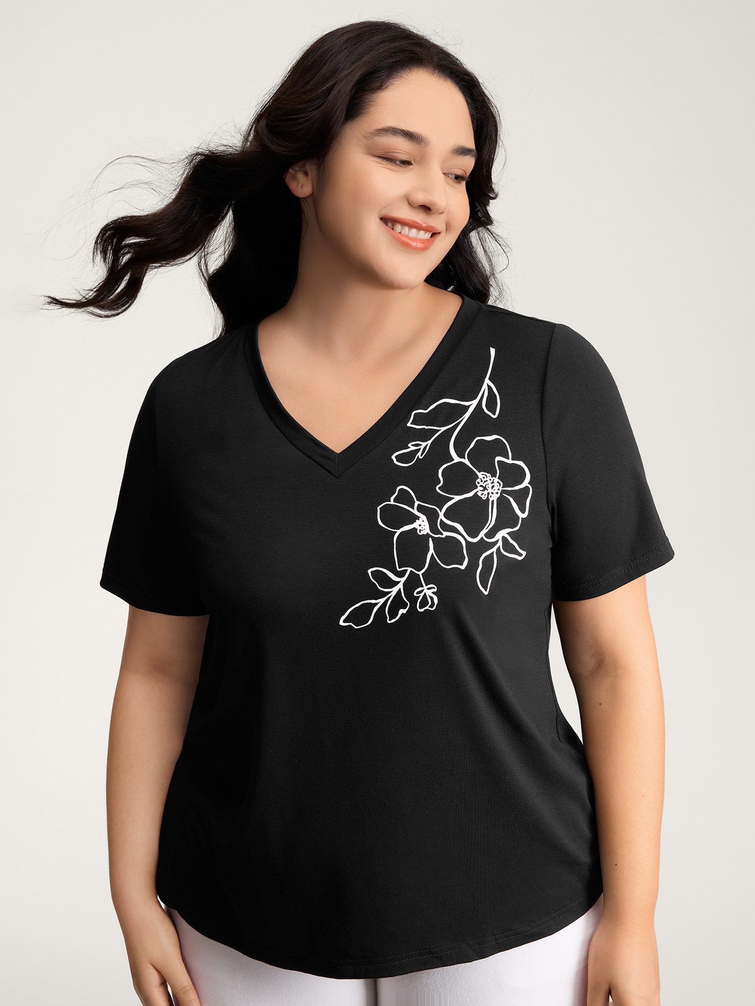 Floral Print V-Neck Half Sleeve T-Shirt