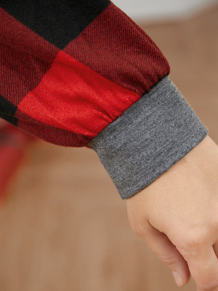 Letter Print Round Neck Plaid Long Tee