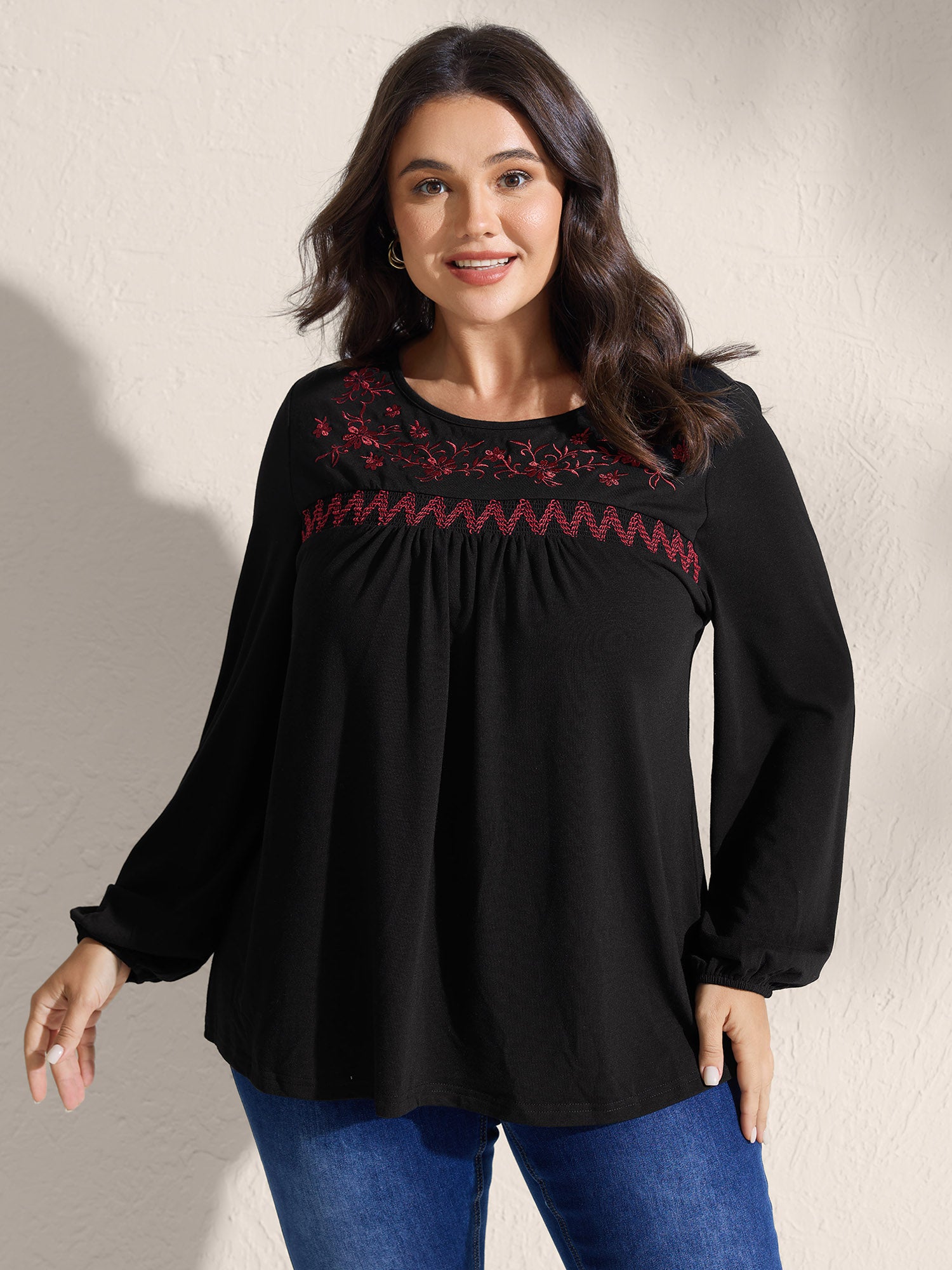 Floral Embroidery Neckline Shirred Knit Top