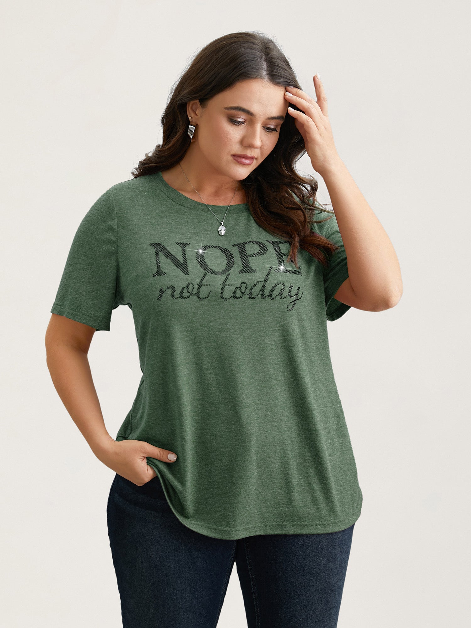 Nope Not Today Print Rhinestone Round Neck T-Shirt