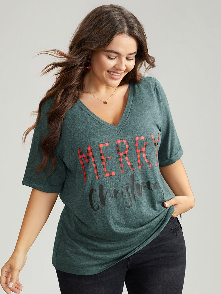 Christmas Gingham Patchwork V Neck T-shirt