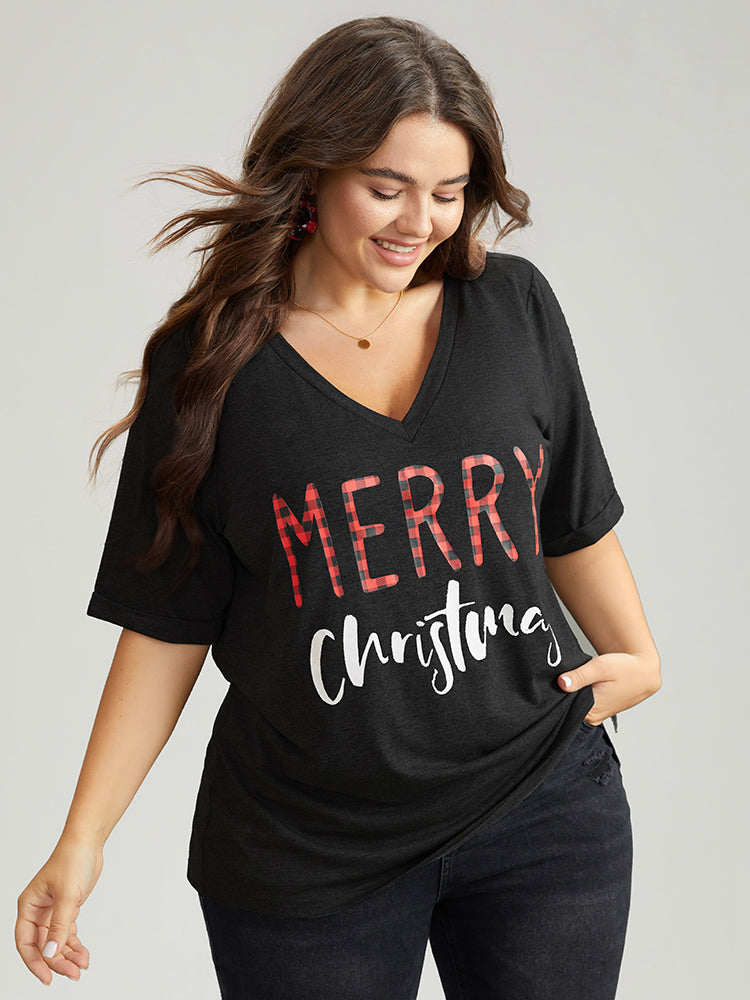 Christmas Gingham Patchwork V Neck T-shirt