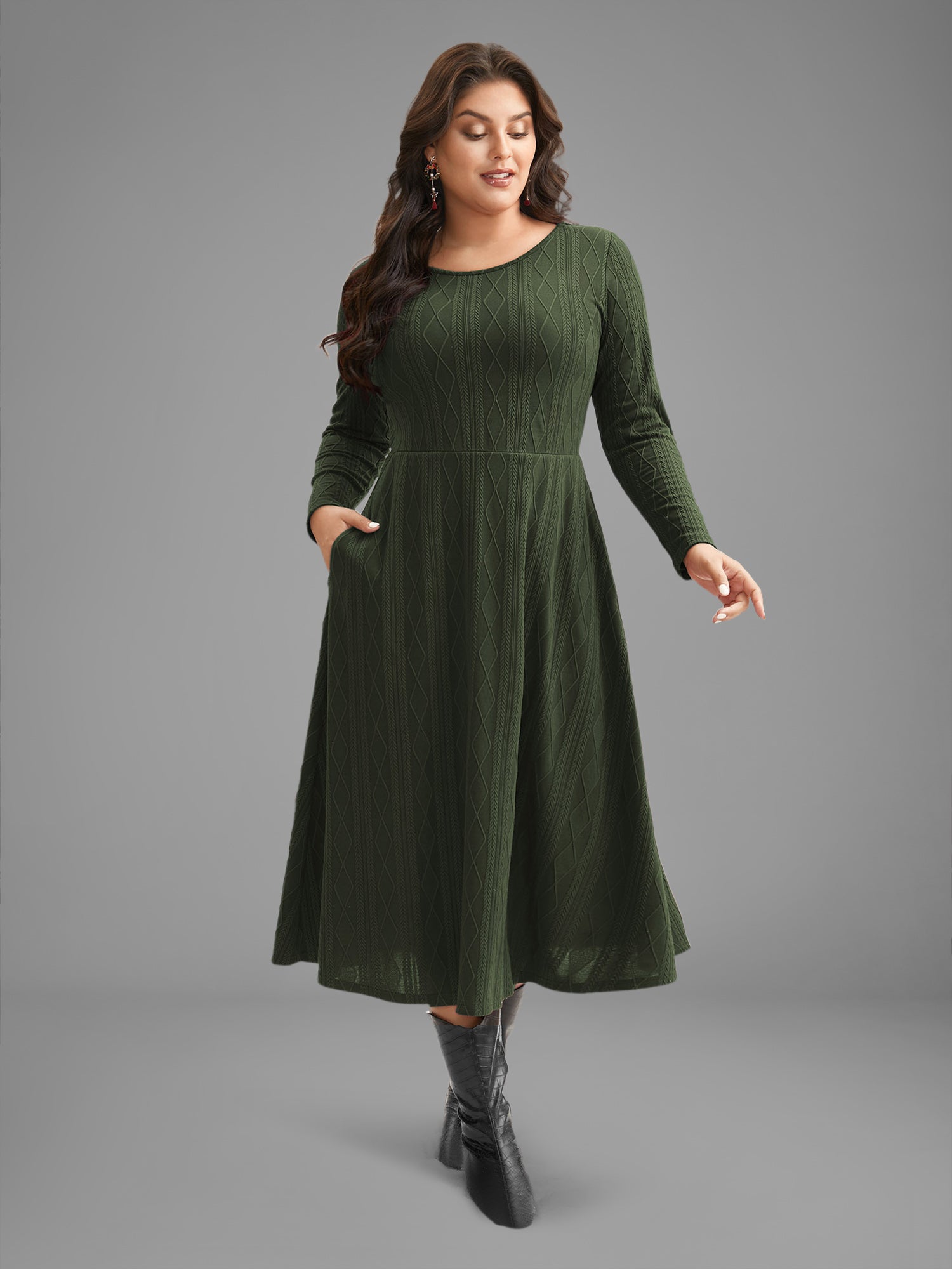 Textured Knit Fit-And-Flare Midi Dress