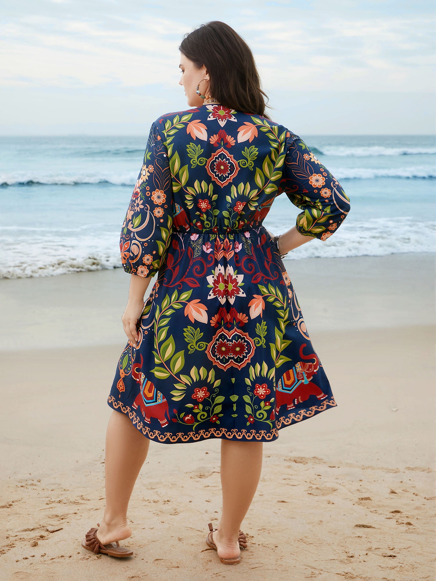 Boho Print V-Neck Pockets Midi Dress