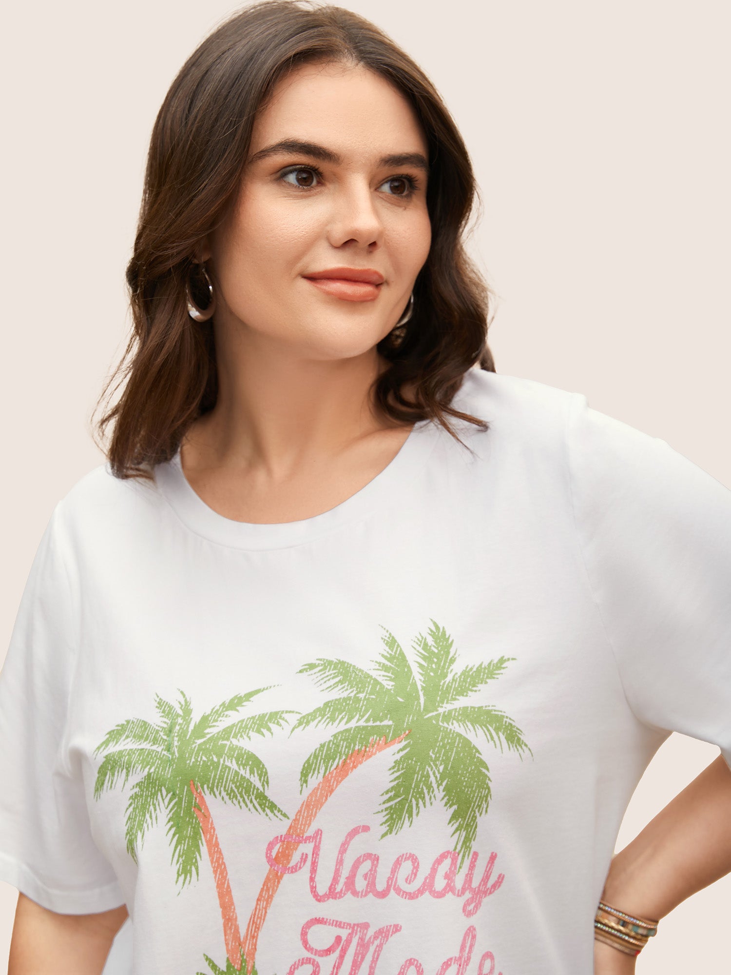 Cotton Vacation Tropical Print Round Neck T-shirt