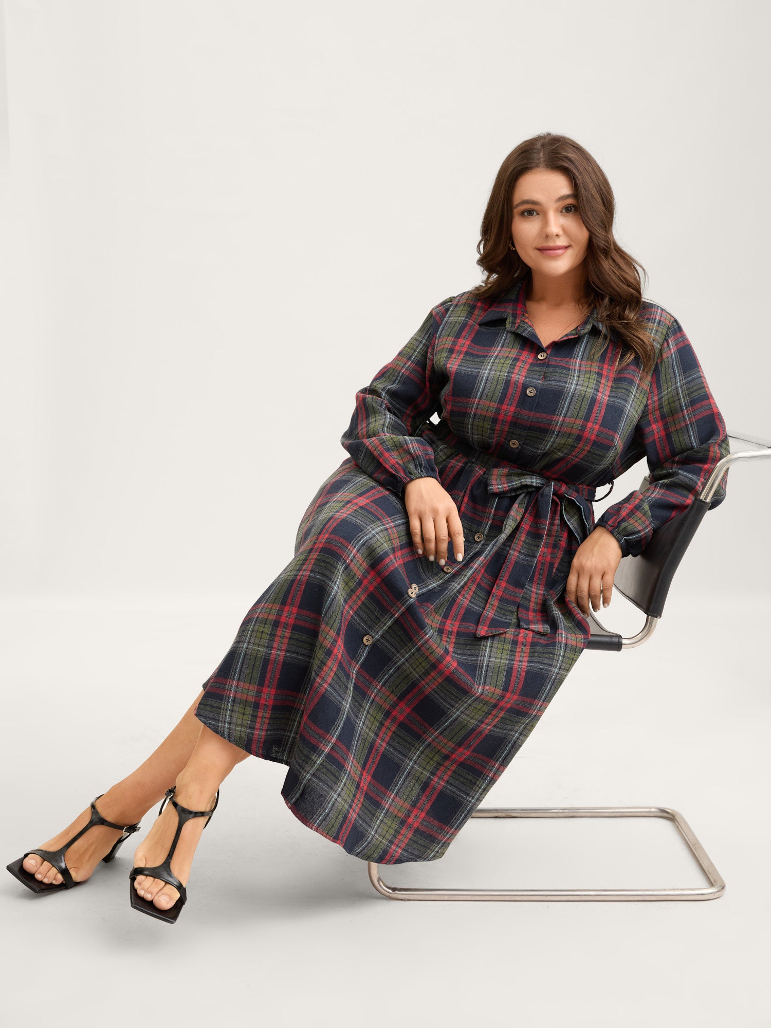 Plaid Button Detail Pocket Belted Arc Hem Dress