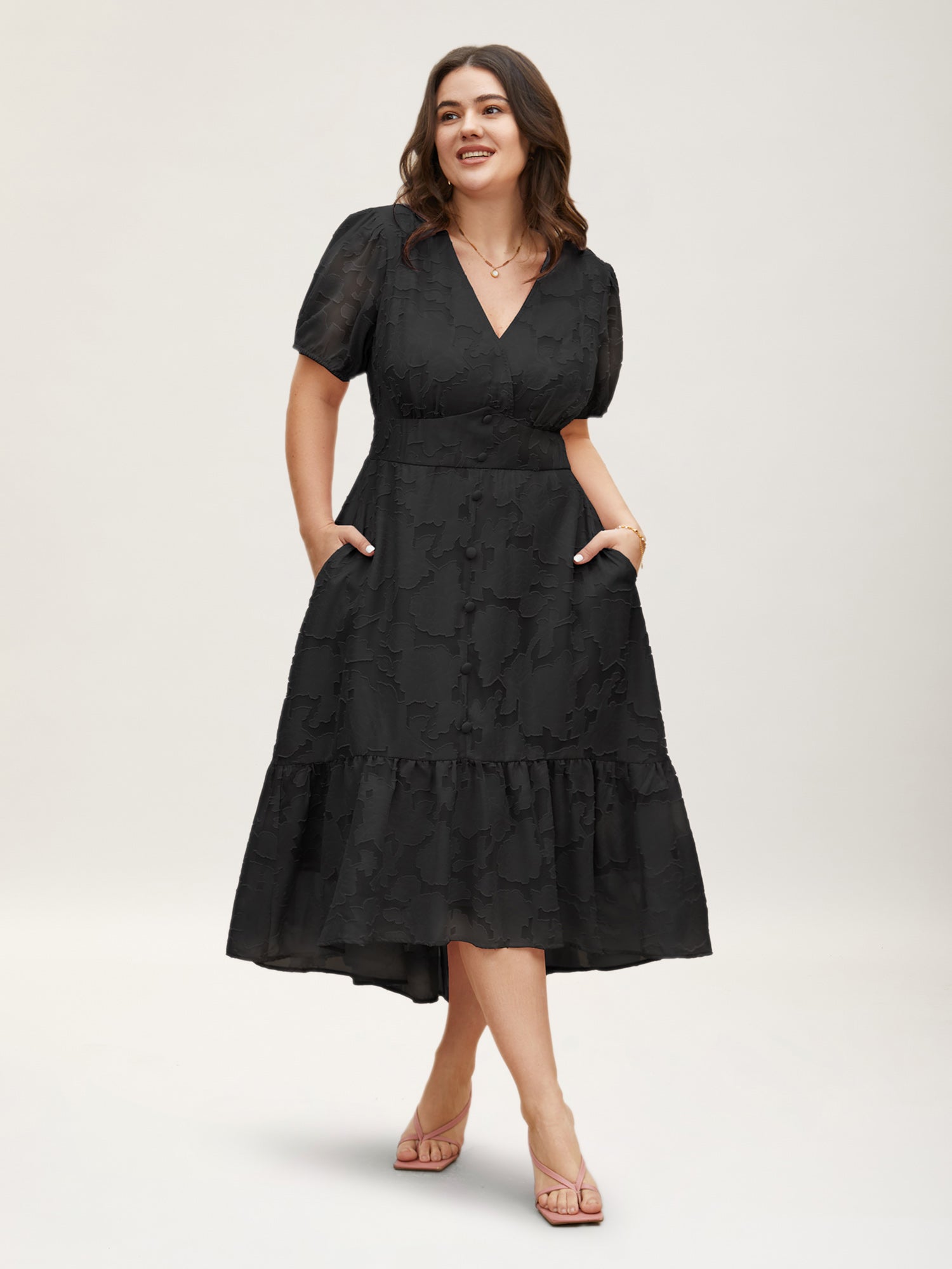 Solid Textured Lantern Sleeve Button Detail Dress