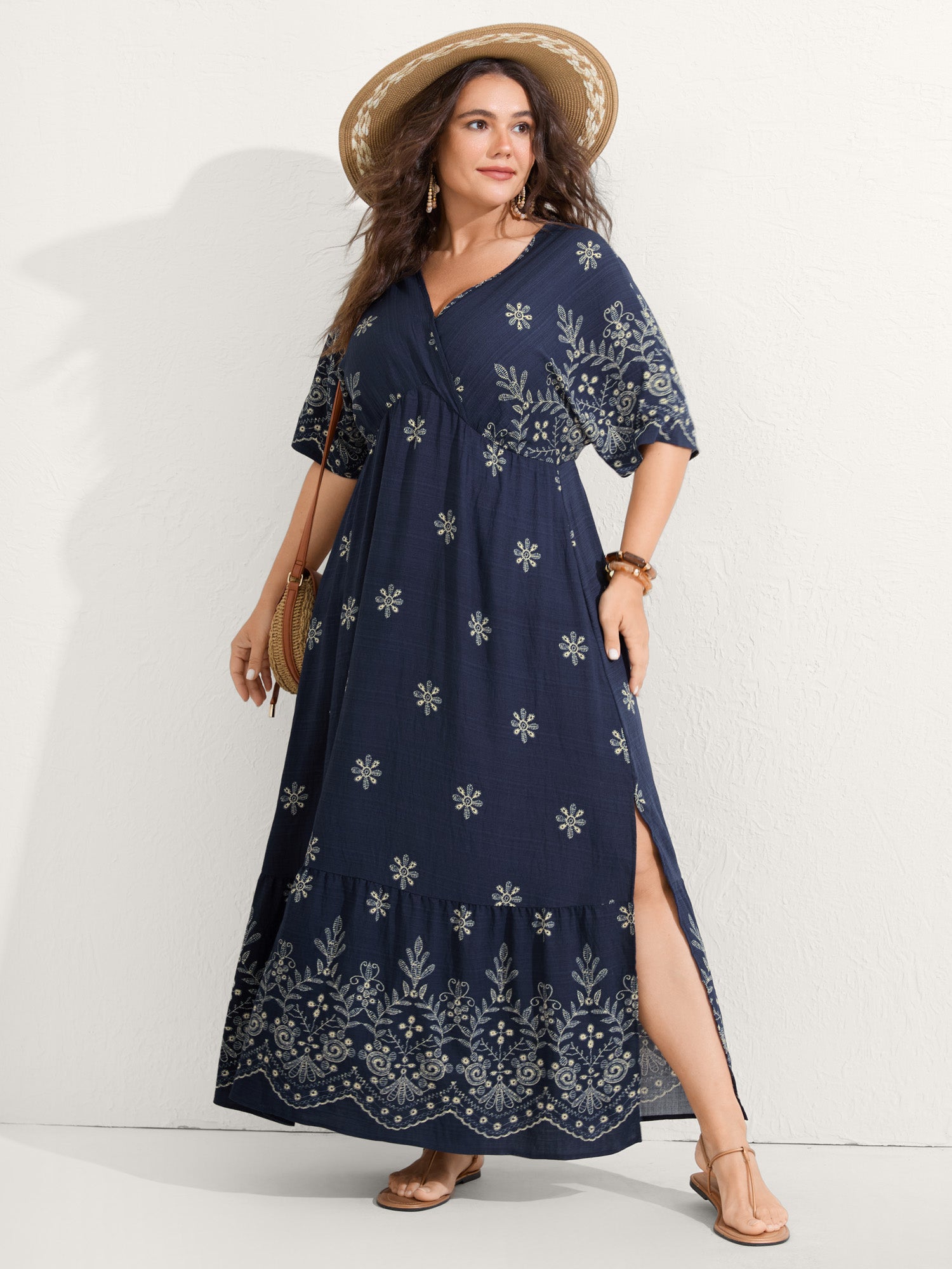 Surplice Neck Split Side Pockets Midi Dress