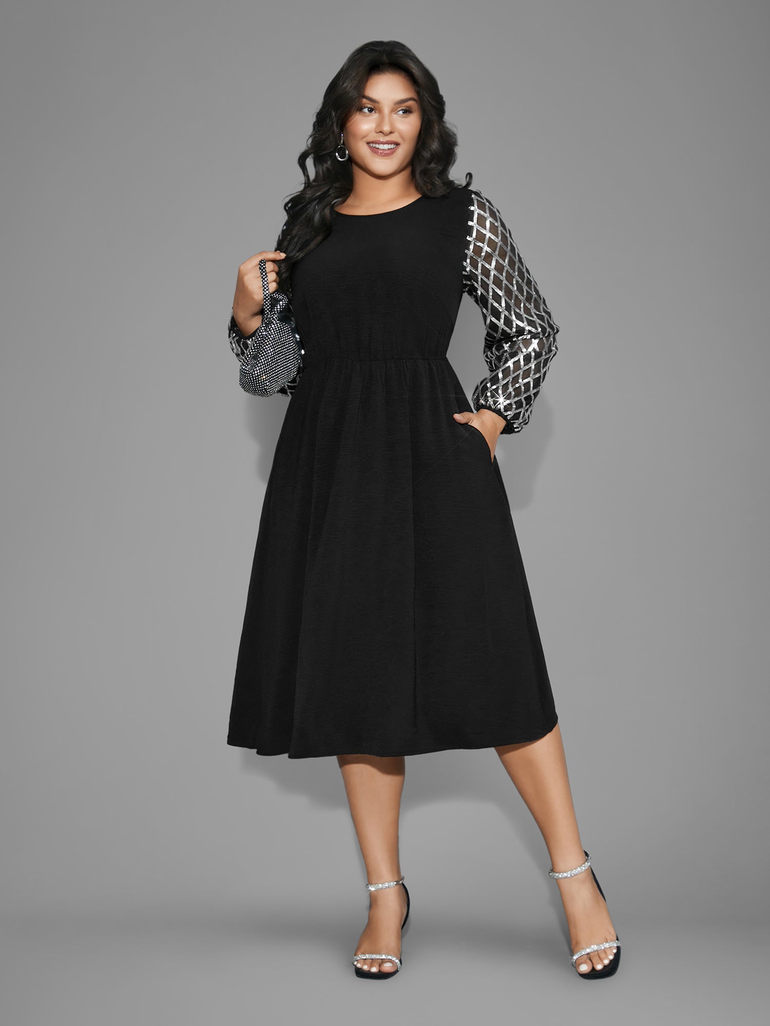 Texture Sequin Mesh Patchwork Belted Dress