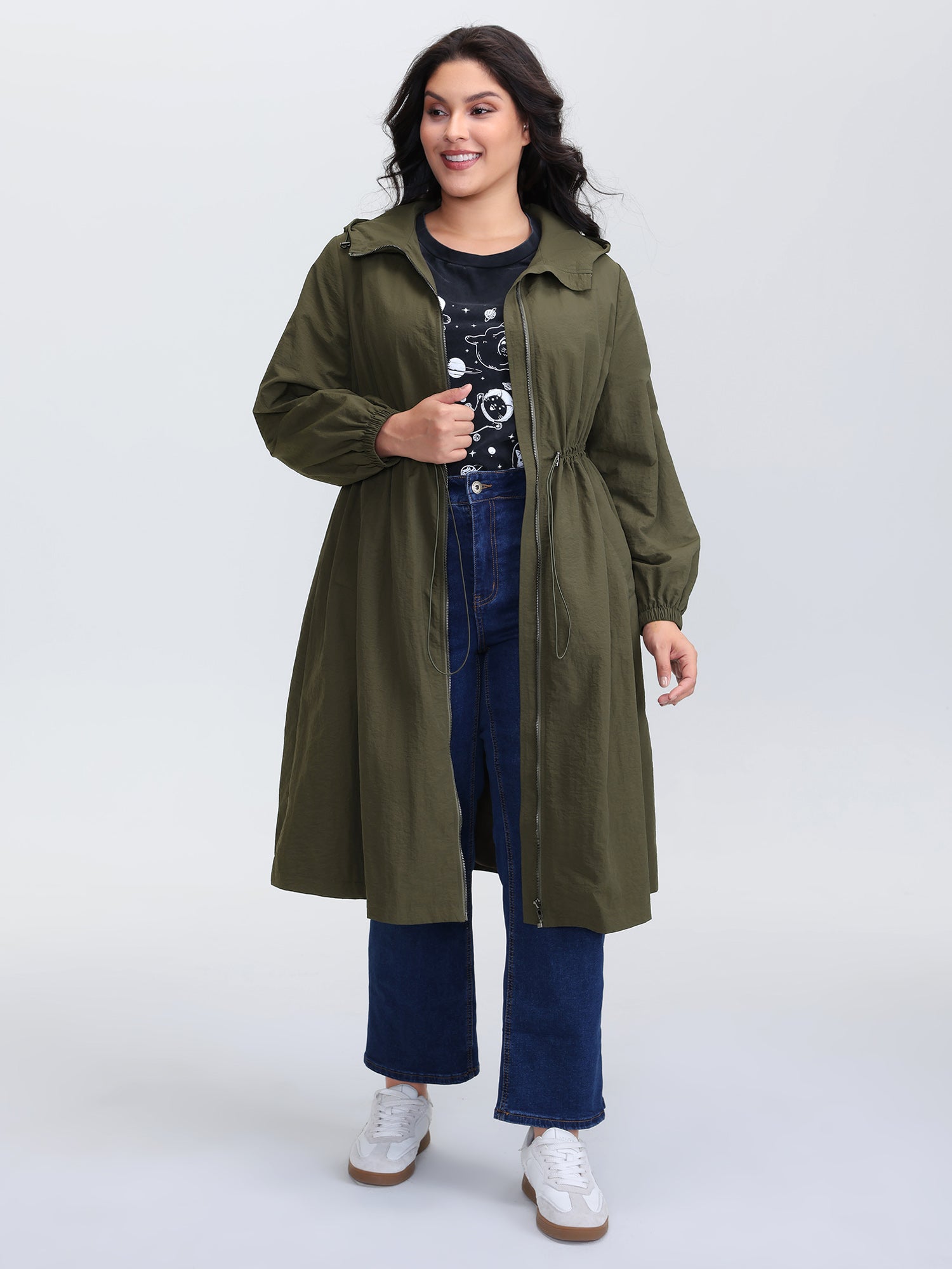 Drawstring Waist Pockets Hooded Coat