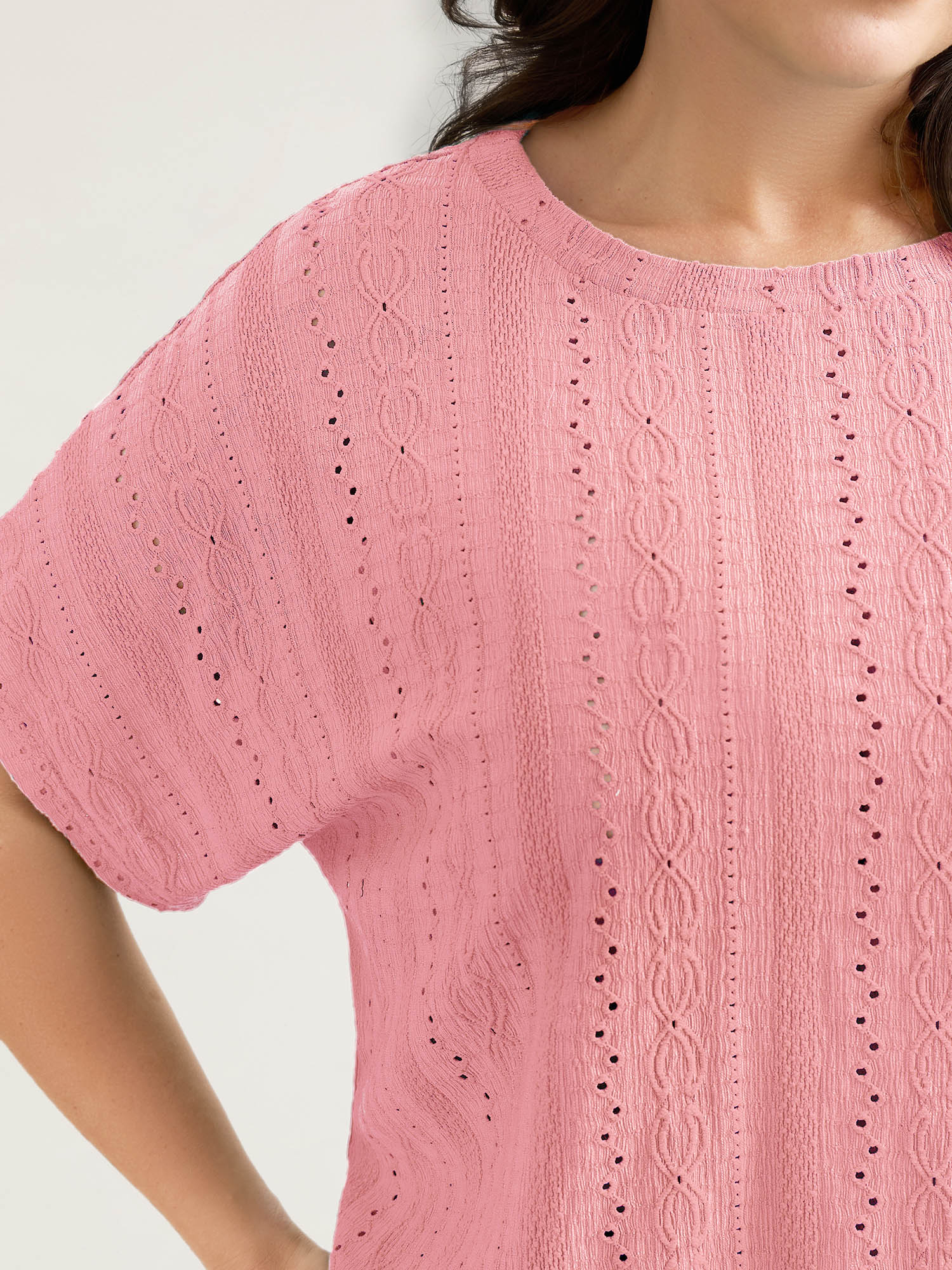 Eyelet Trim Stretchy Textured Plain Top