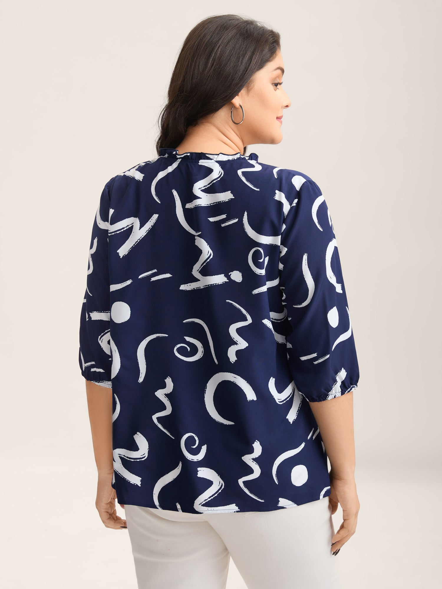 Scribble Print Ruffled Split Neck Blouse