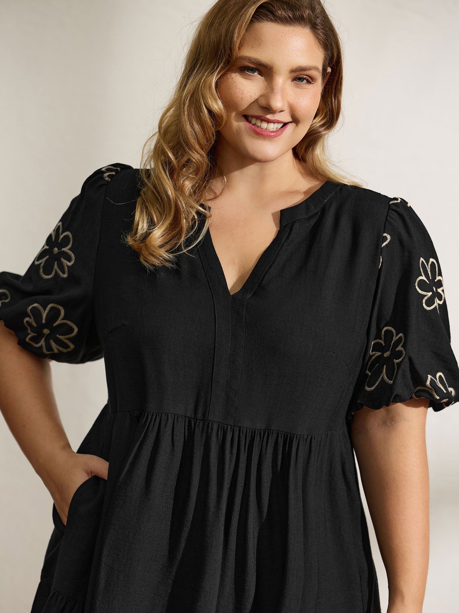 Floral Embroidered Sleeve A-Line Midi Dress