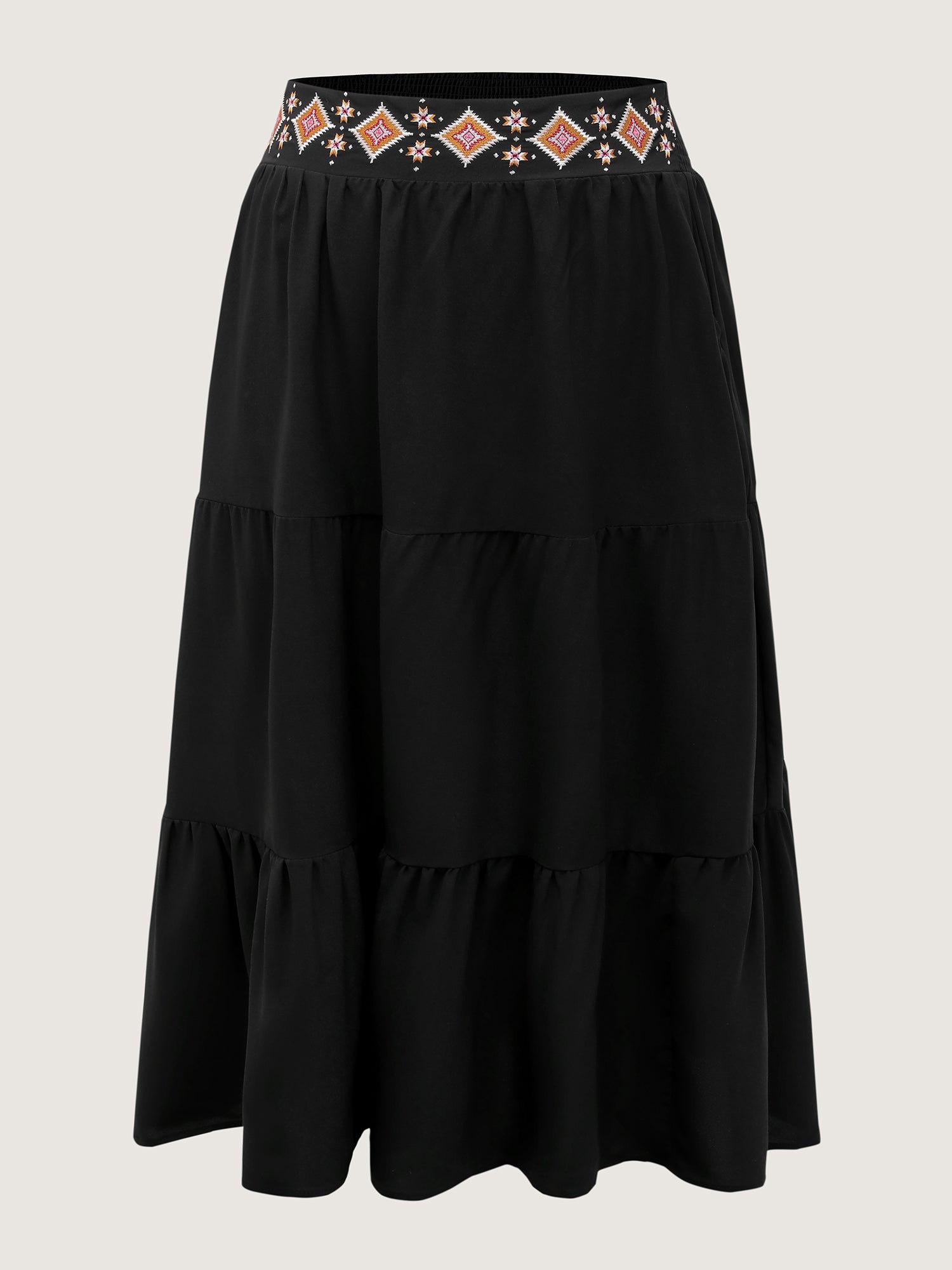 Boho Embroidered Wide Waistband Tiered Maxi Skirt