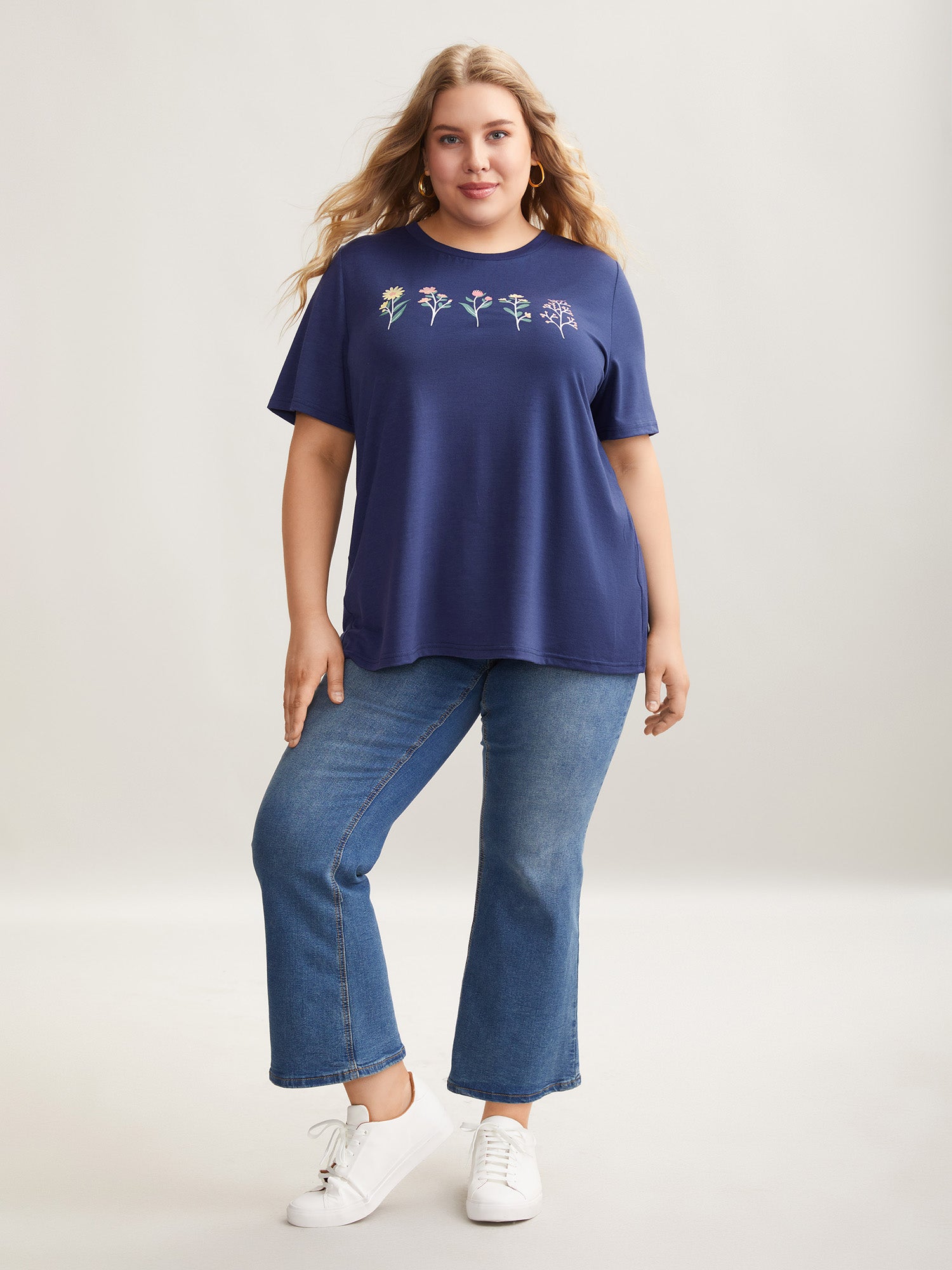 Plants Print Stretchy Crew Neck T-Shirt