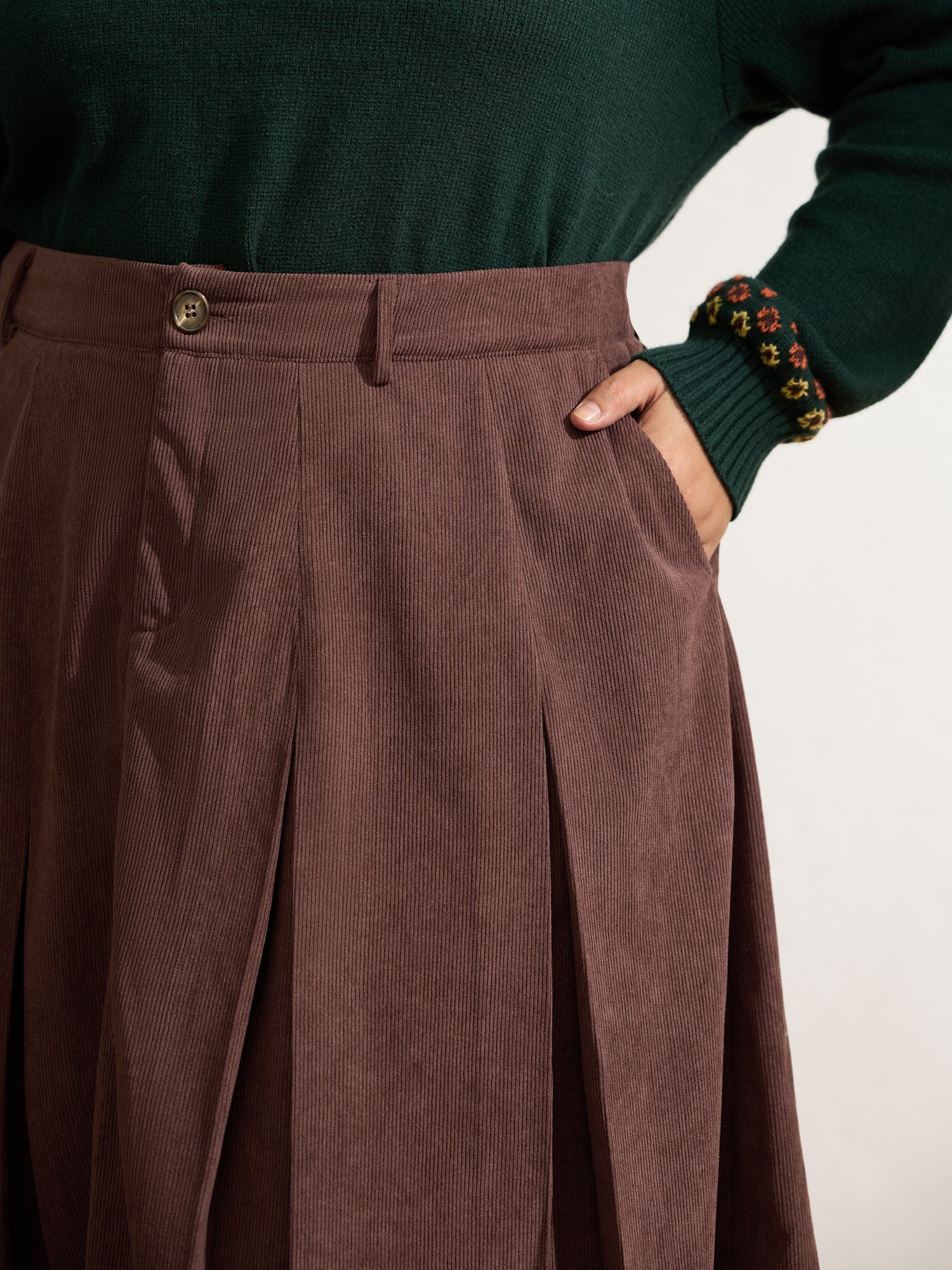 Pleated Waist-Defining Midi Skirt
