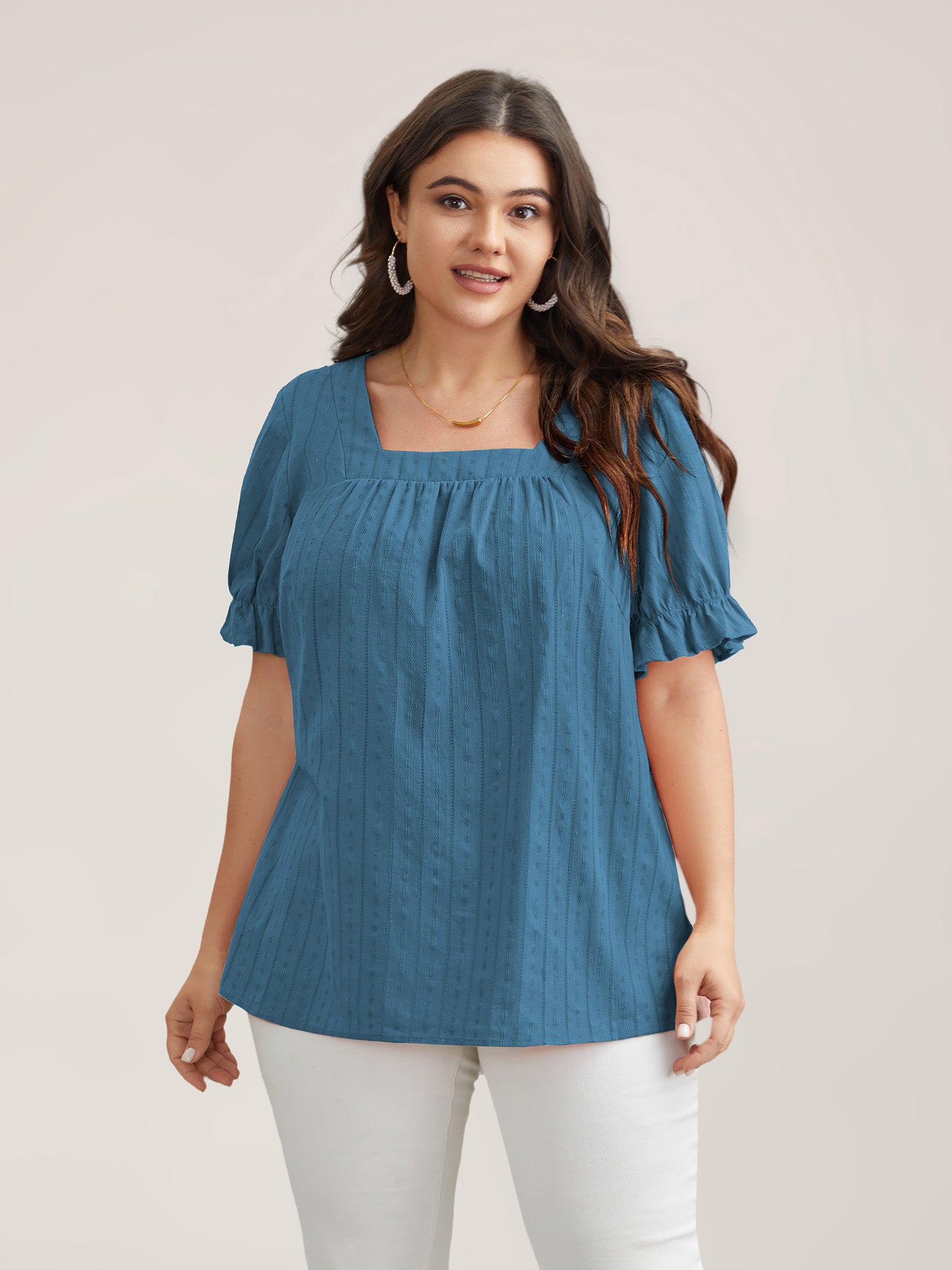 Cotton Square Neck Ruffled Sleeve Shirt