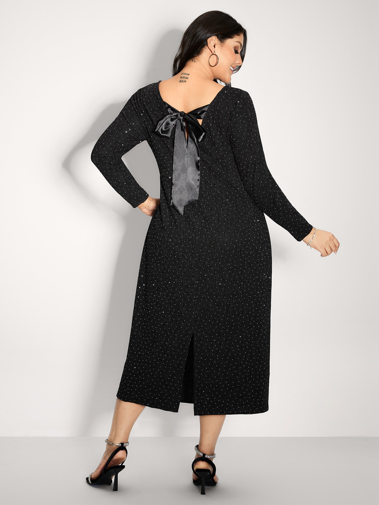 Metallic Detail Shimmery Back Bow Midi Dress