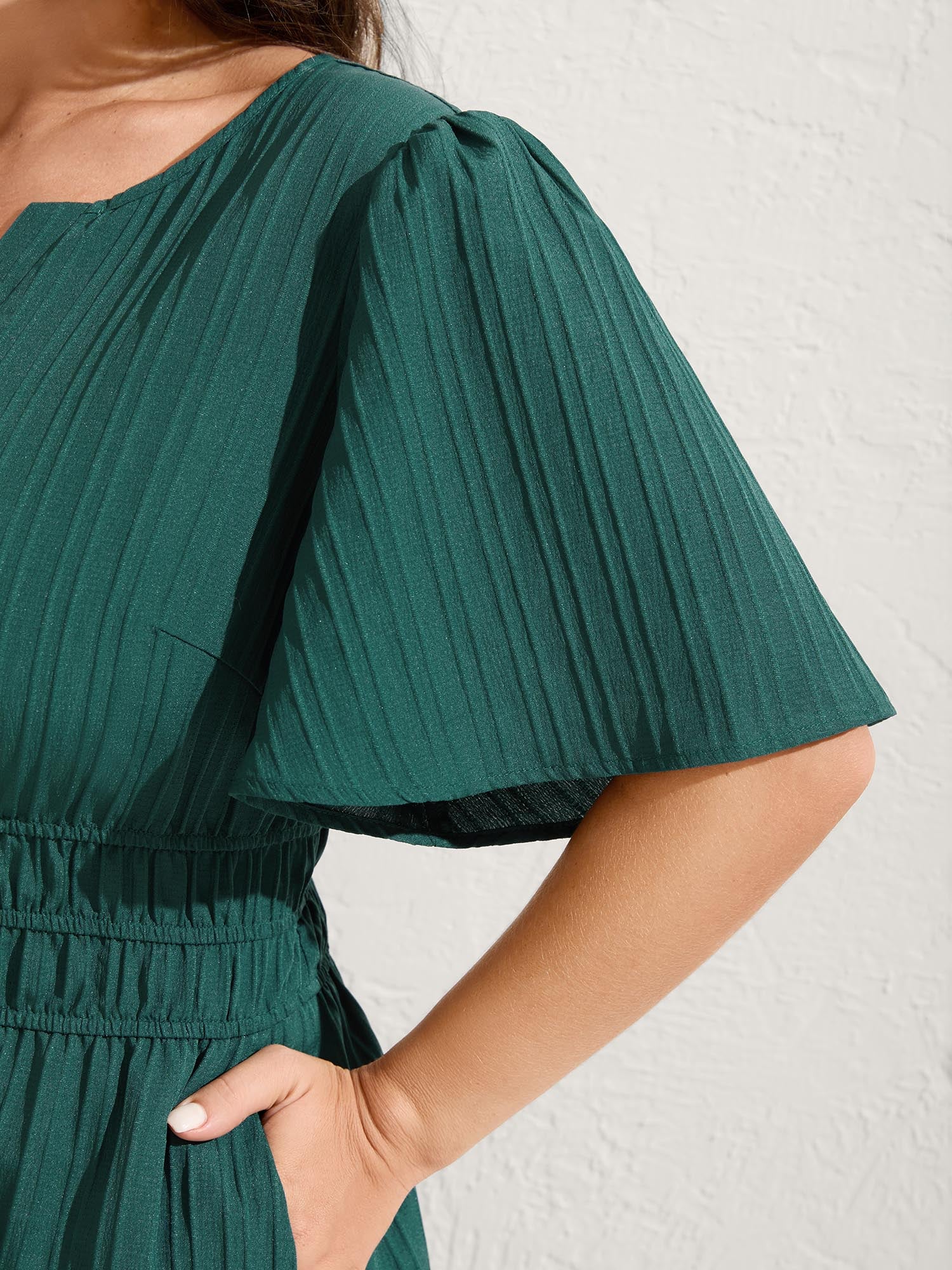 Textured Shirred Cinched Waist Midi Dress