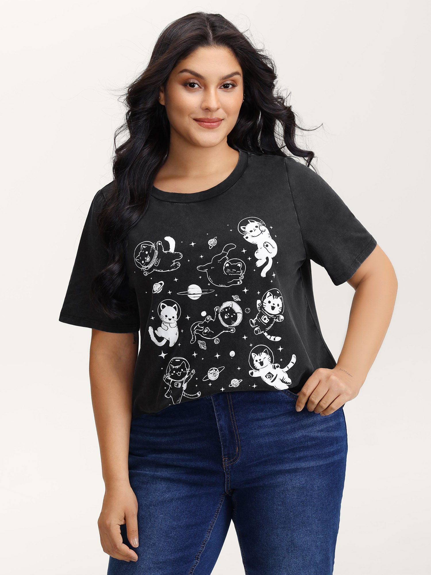 Pure Cotton Astronomer Cat Print T-Shirt