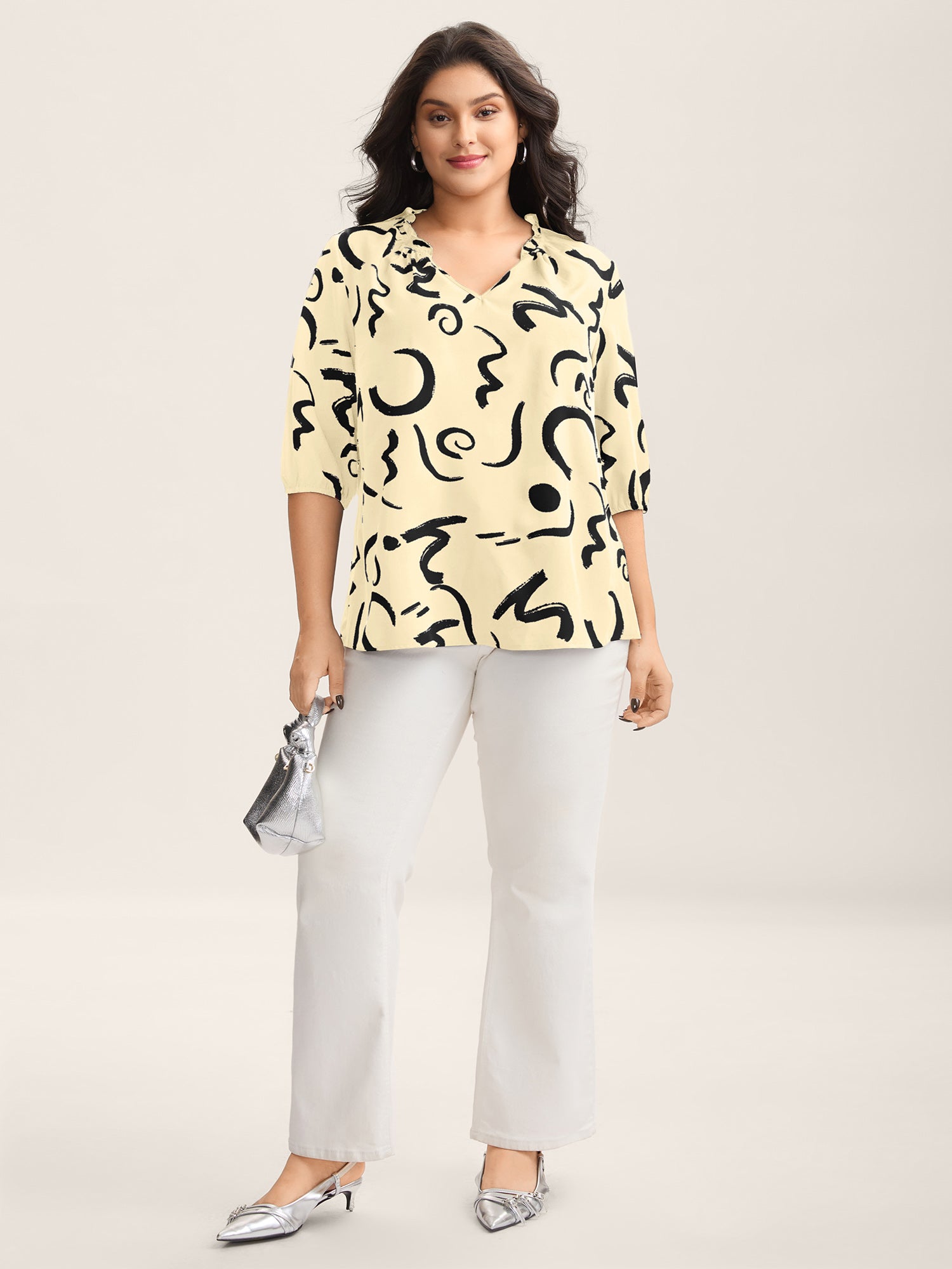 Scribble Print Ruffled Split Neck Blouse