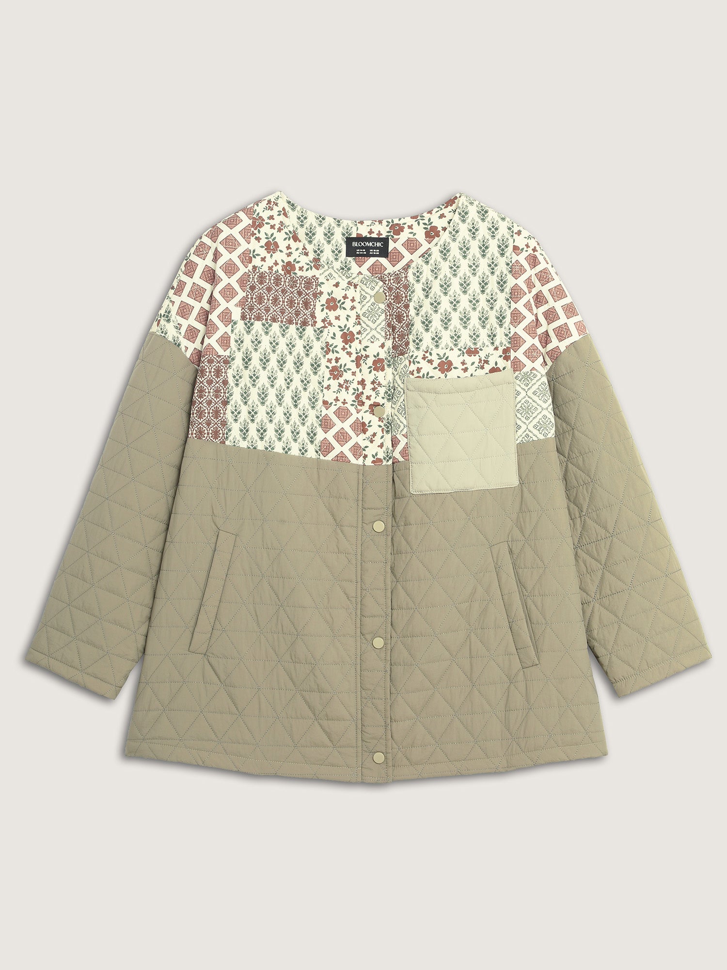 Floral Collage Print Pockets Quilted Jacket
