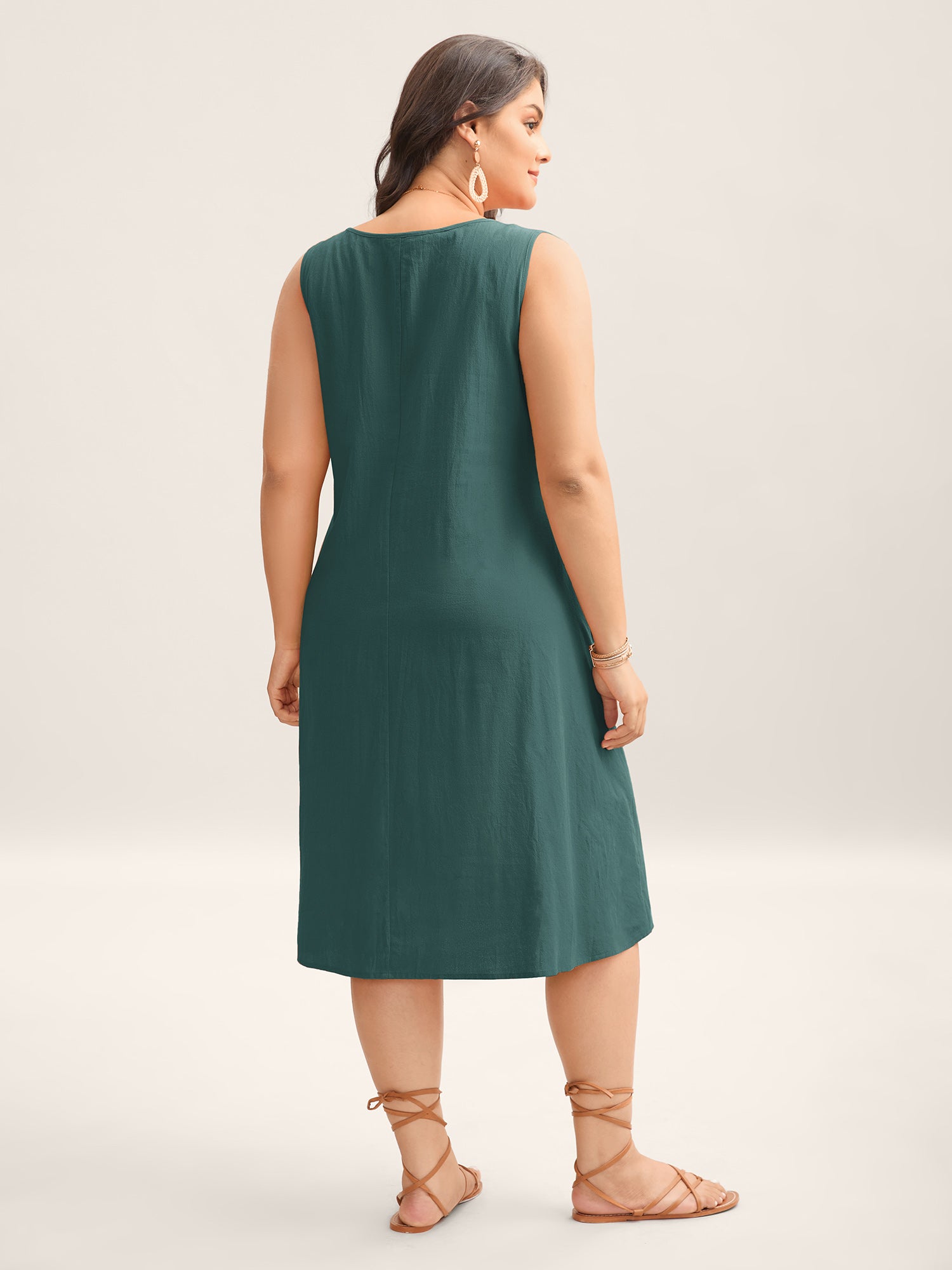 Cotton Toothpick Pleat Plain Midi Dress