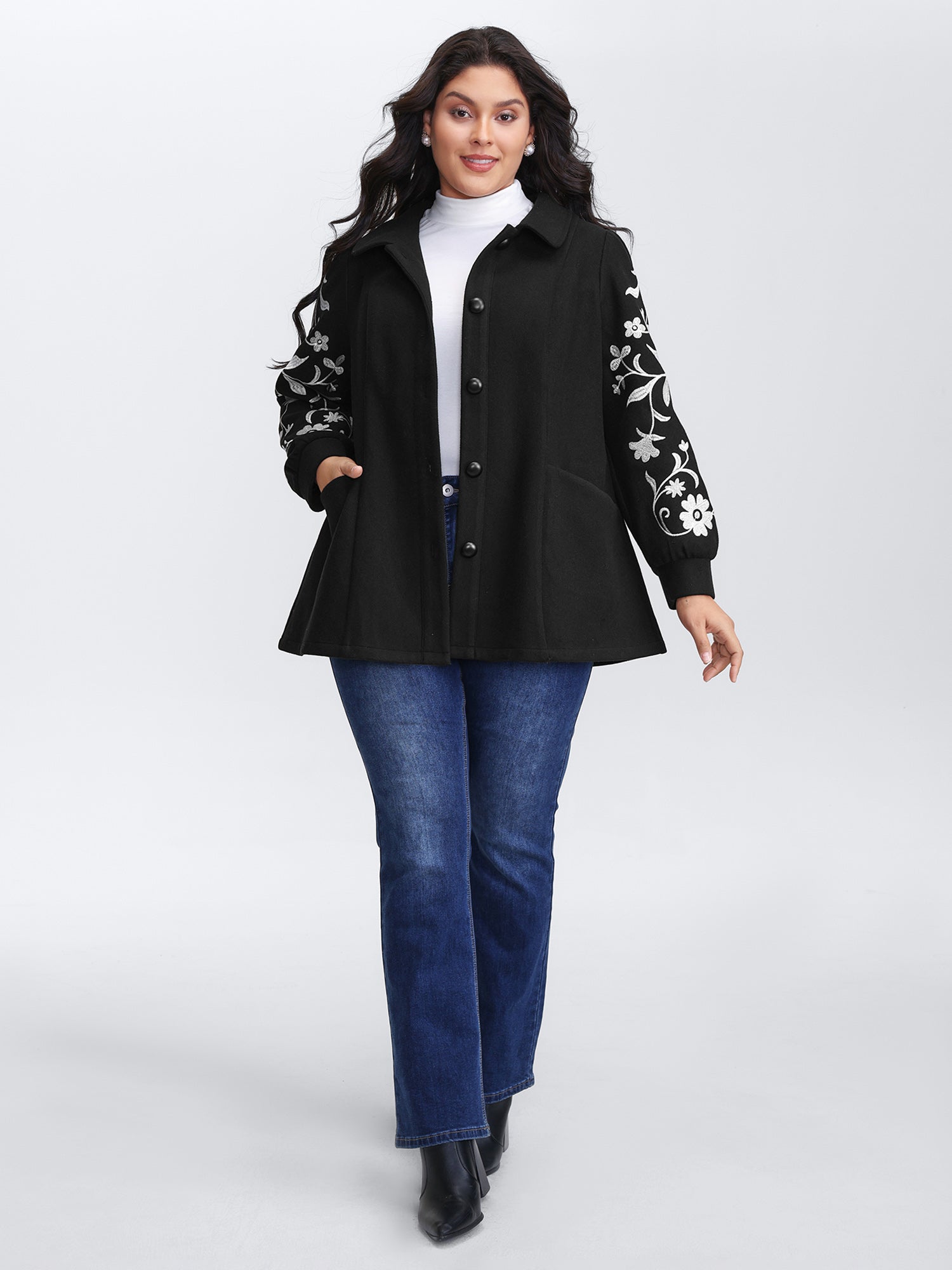 Floral Embroidered Sleeve Slant Pockets Coat