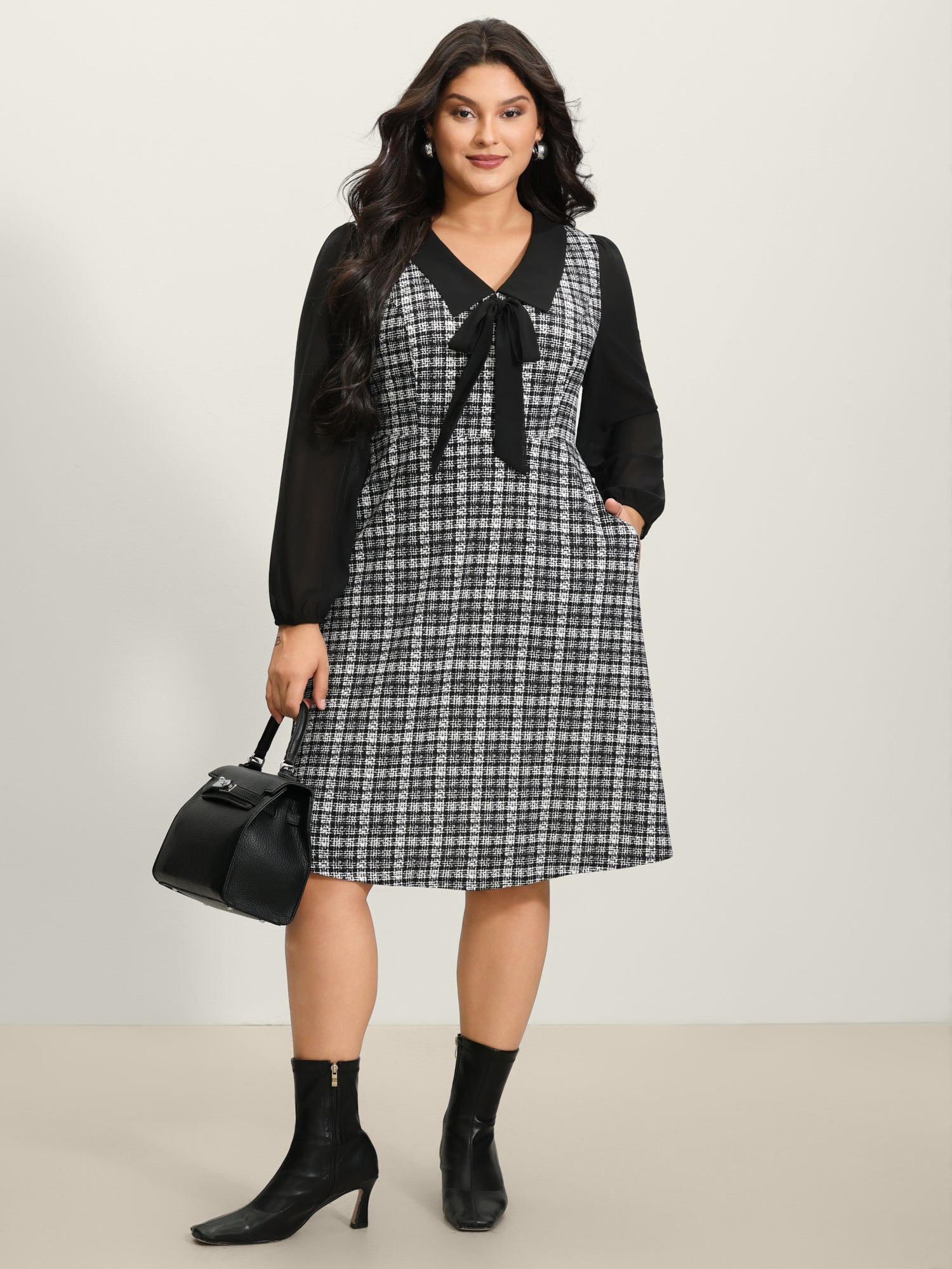 Plaid Stretchy Print Bow-Tie Midi Dress