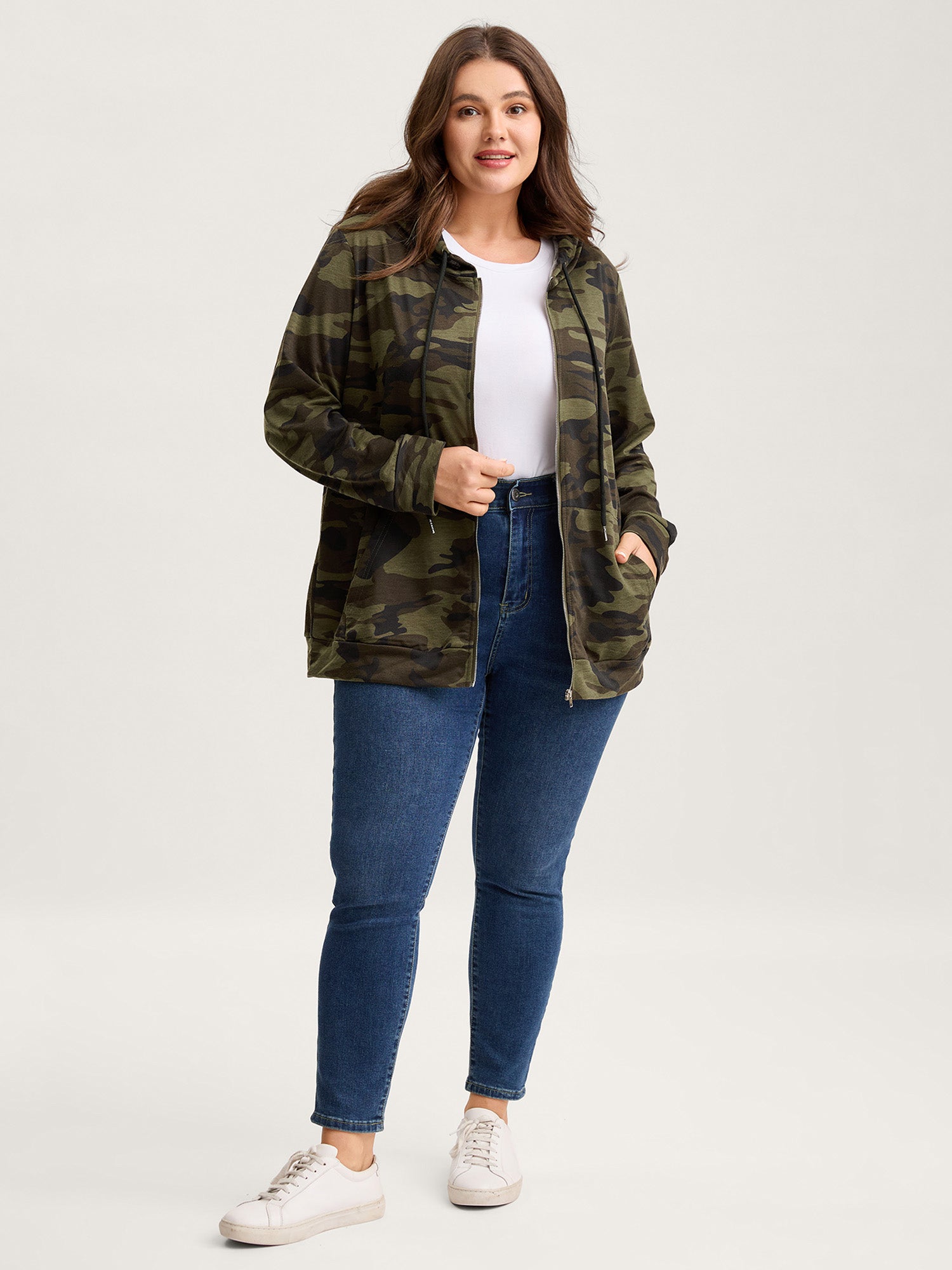 Camouflage Print Stretchy Zipper Hoodie