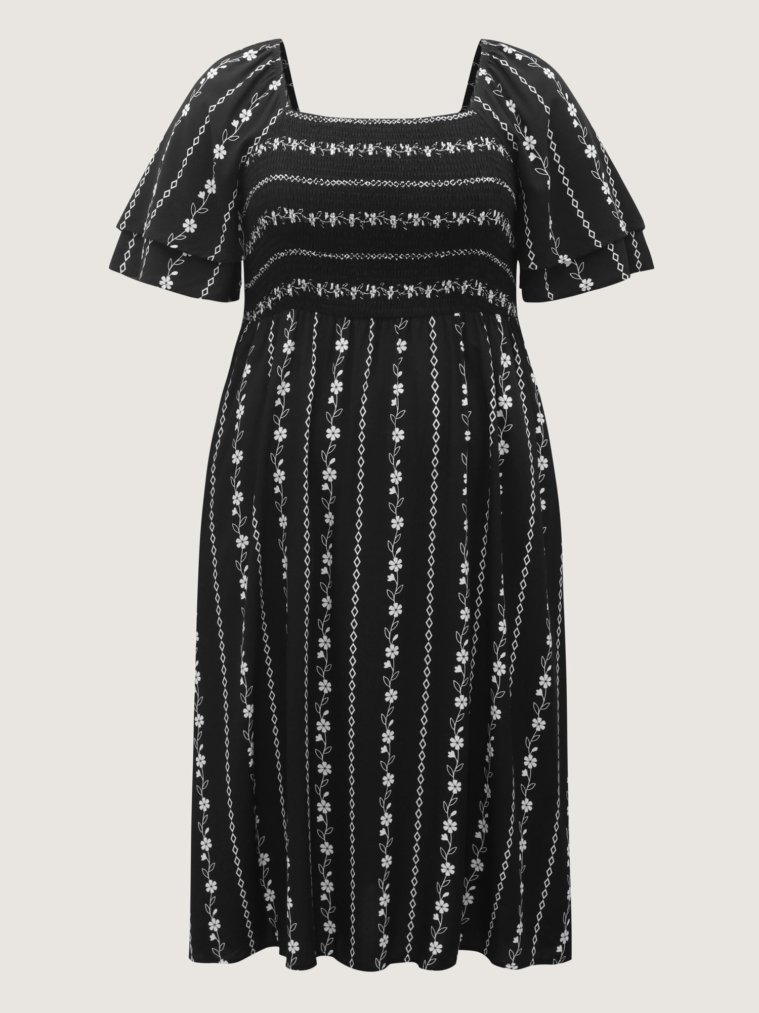 Floral Stripes Layered Ruffle Sleeve Midi Dress