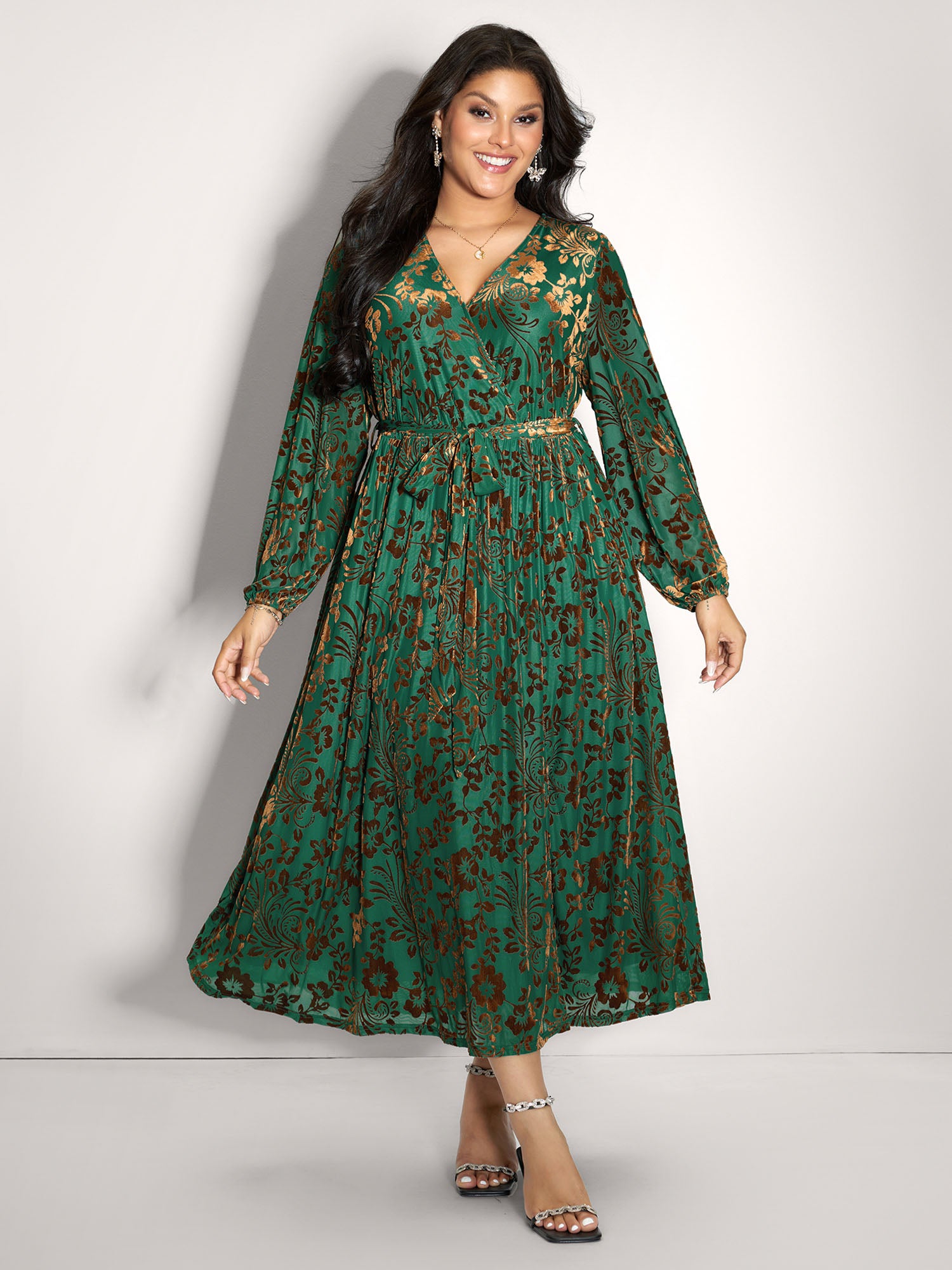 Laser-Cut Velvet Waist-Tie Midi Dress