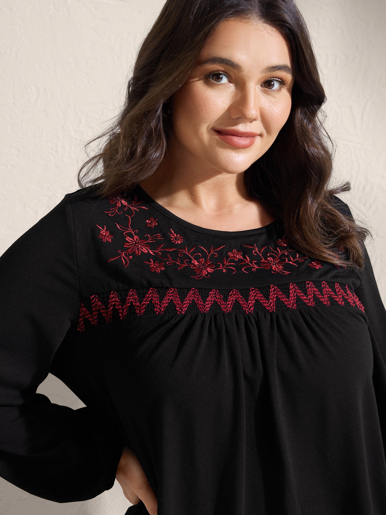 Floral Embroidery Neckline Shirred Knit Top