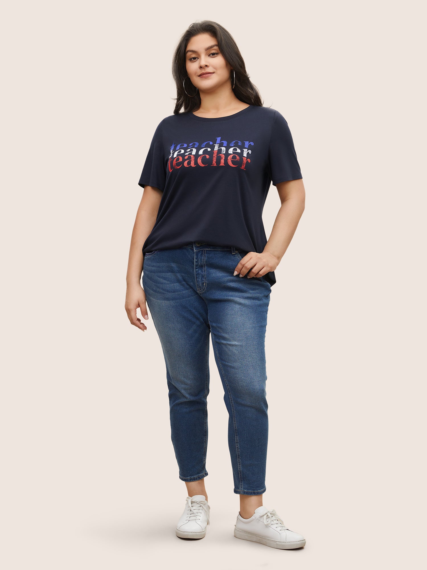 Letter Print Contrast Round Neck T-shirt