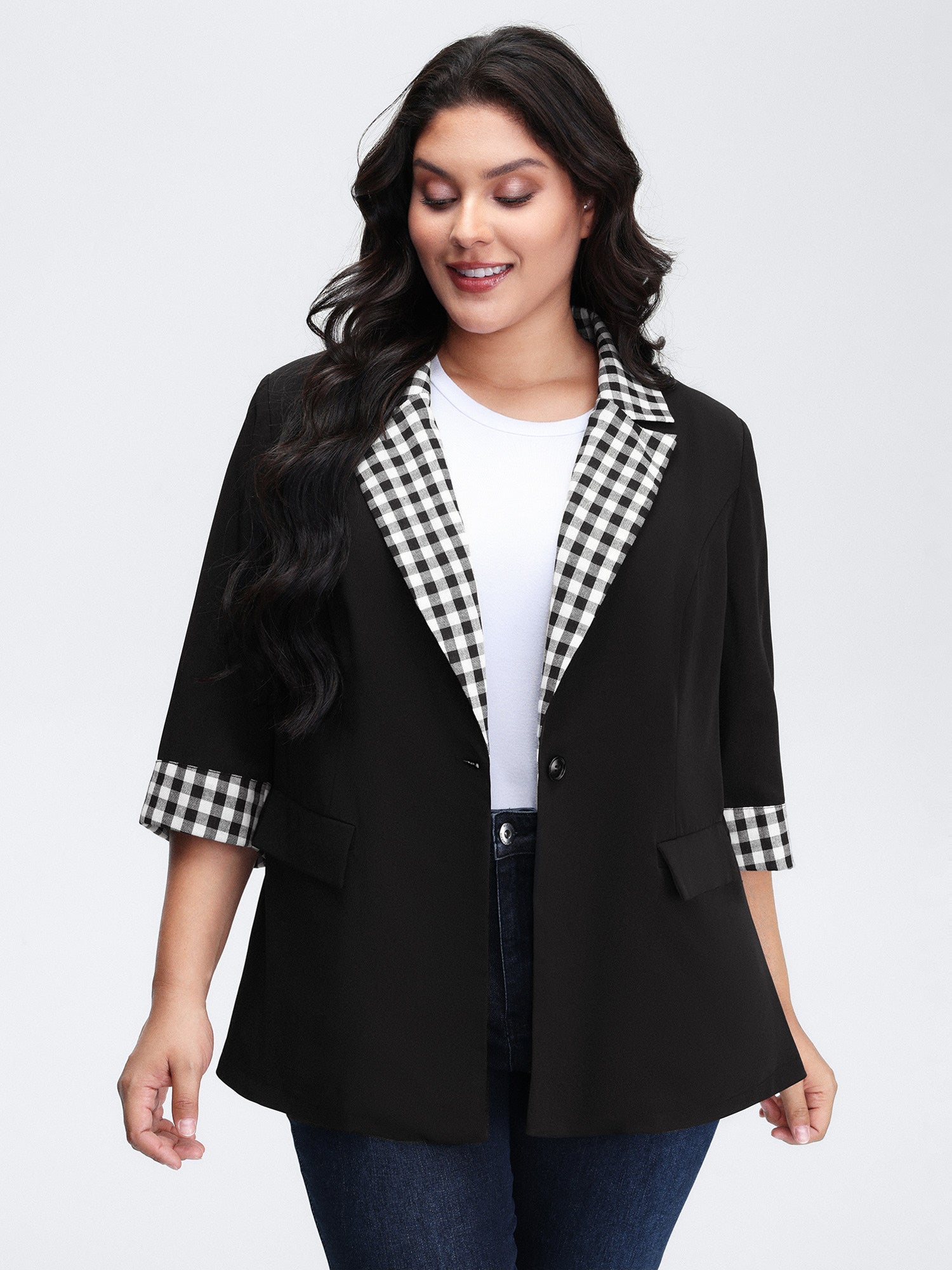Checkered Contrast Button Blazer