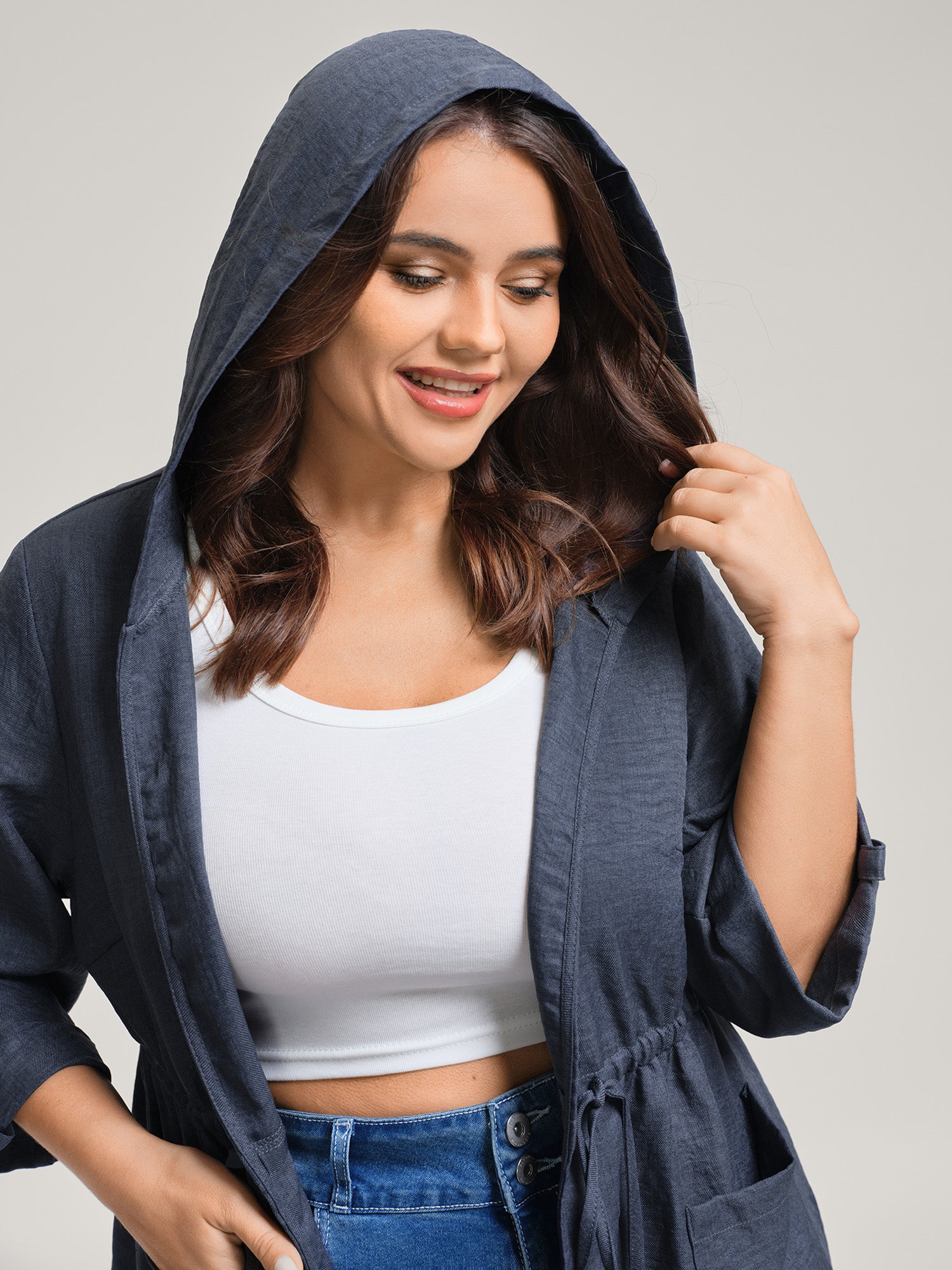 Adjustable Waist-Tie Pockets Hooded Jacket