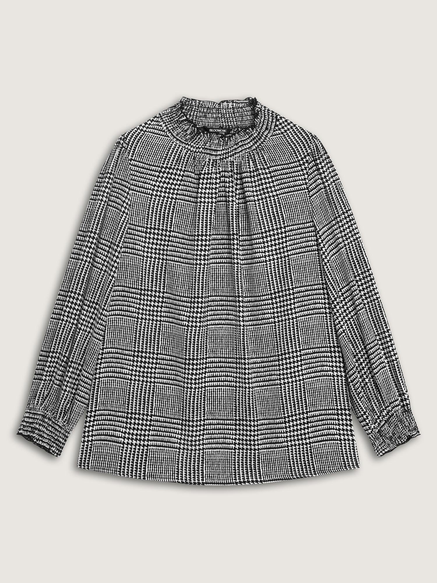 Houndstooth Pattern Ruffled Collar Blouse