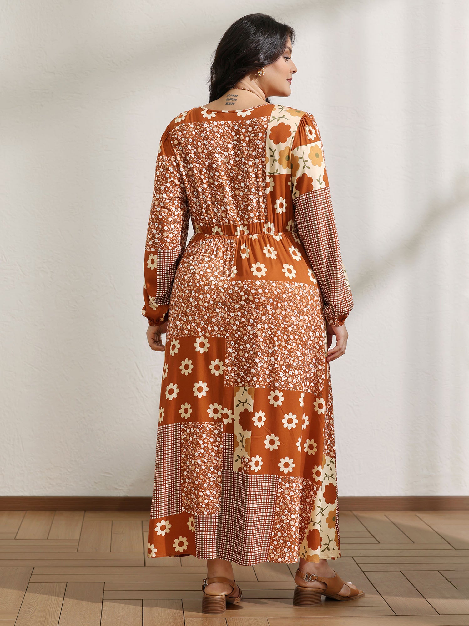 Floral Collage Print Lantern Sleeve Maxi Dress