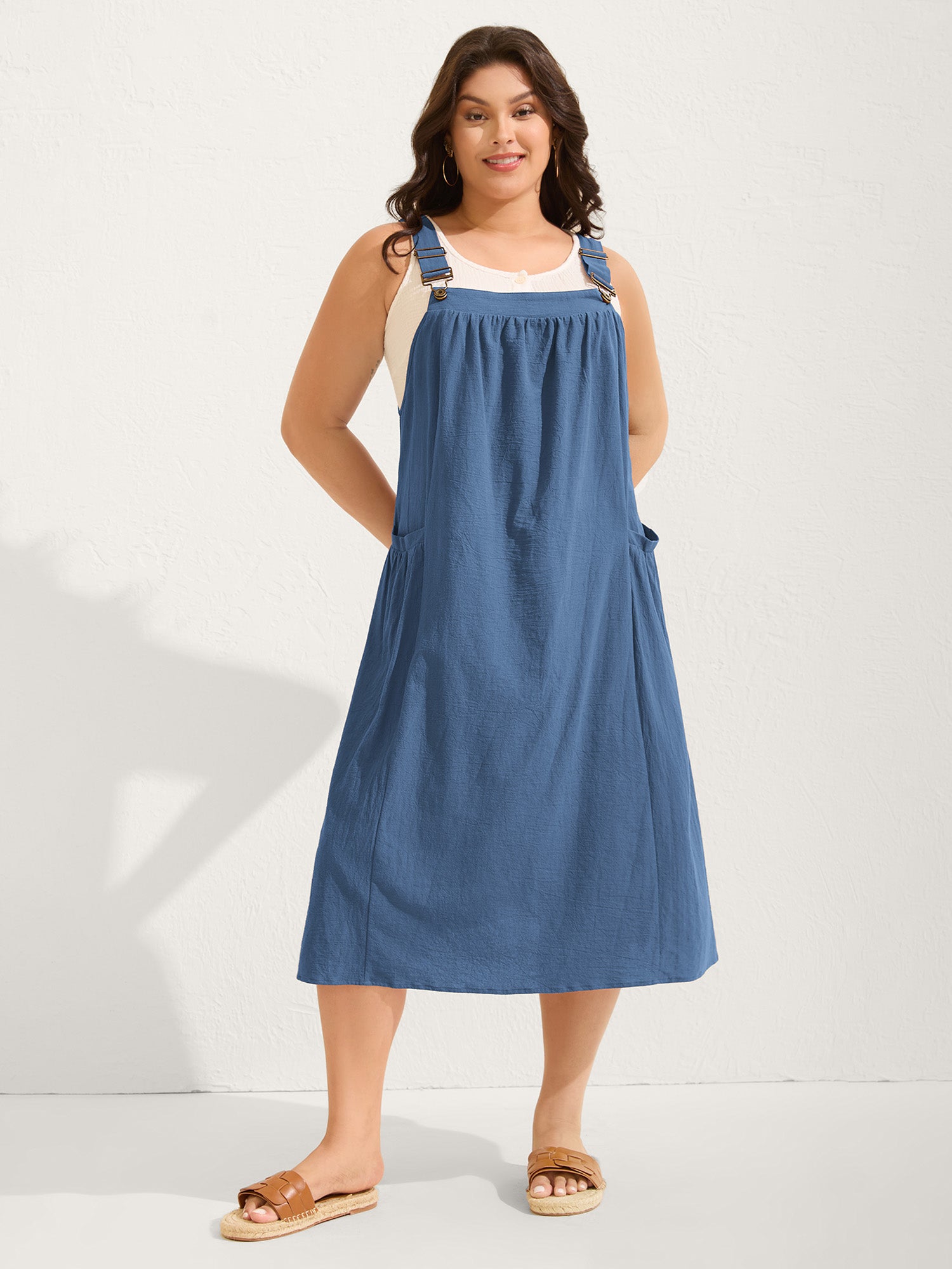 Pure Cotton Pleated Pockets Midi Dress