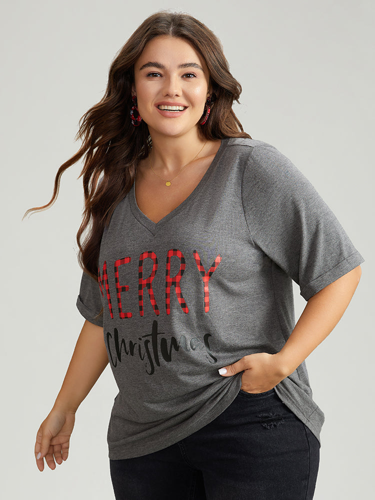 Christmas Gingham Patchwork V Neck T-shirt