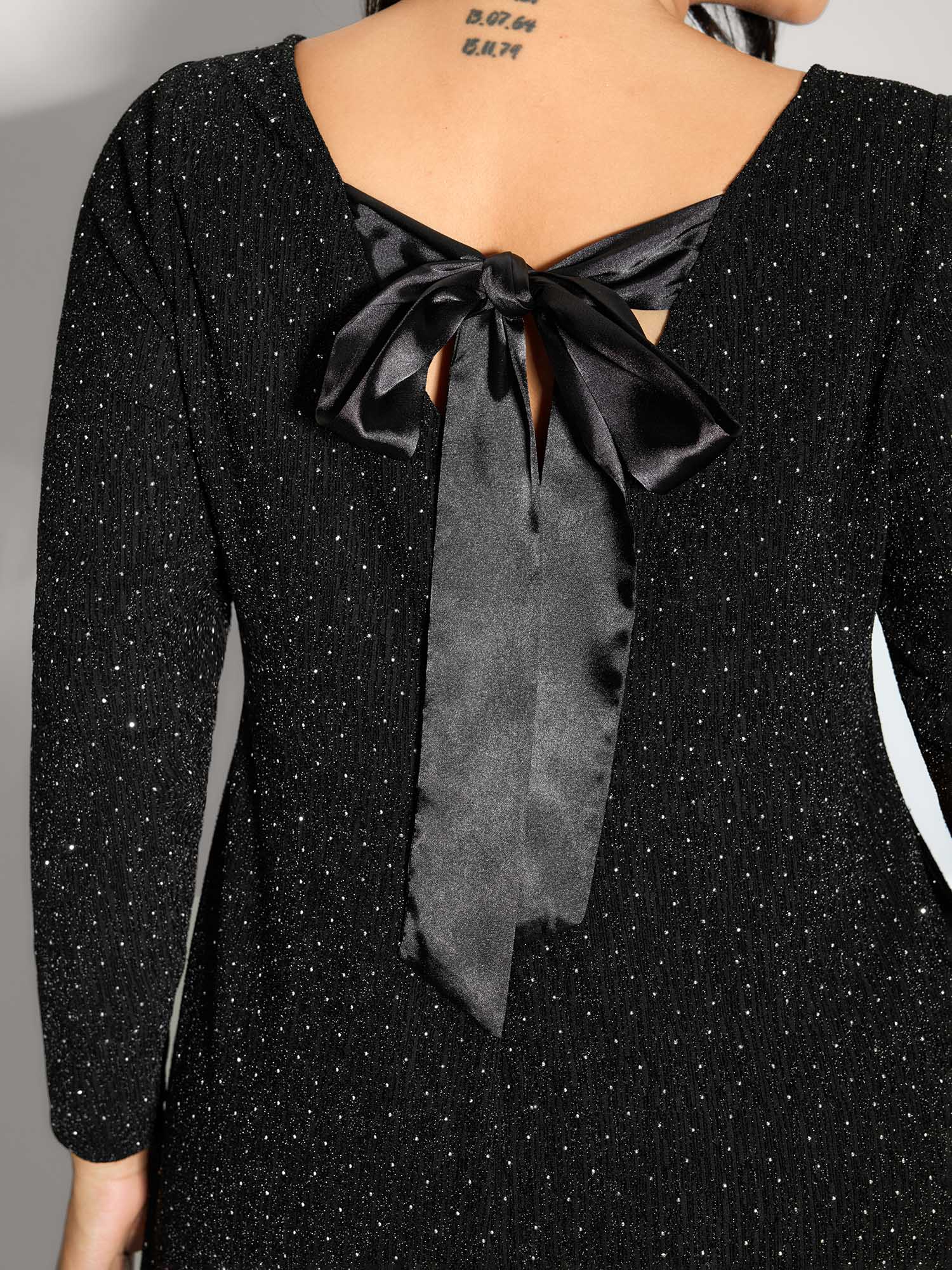 Metallic Detail Shimmery Back Bow Midi Dress