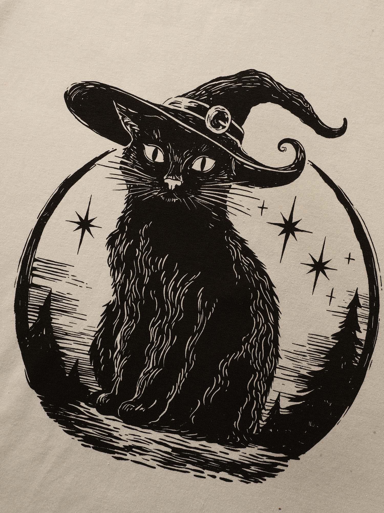 Bewitched Cat Printed Crew Neck T-shirt