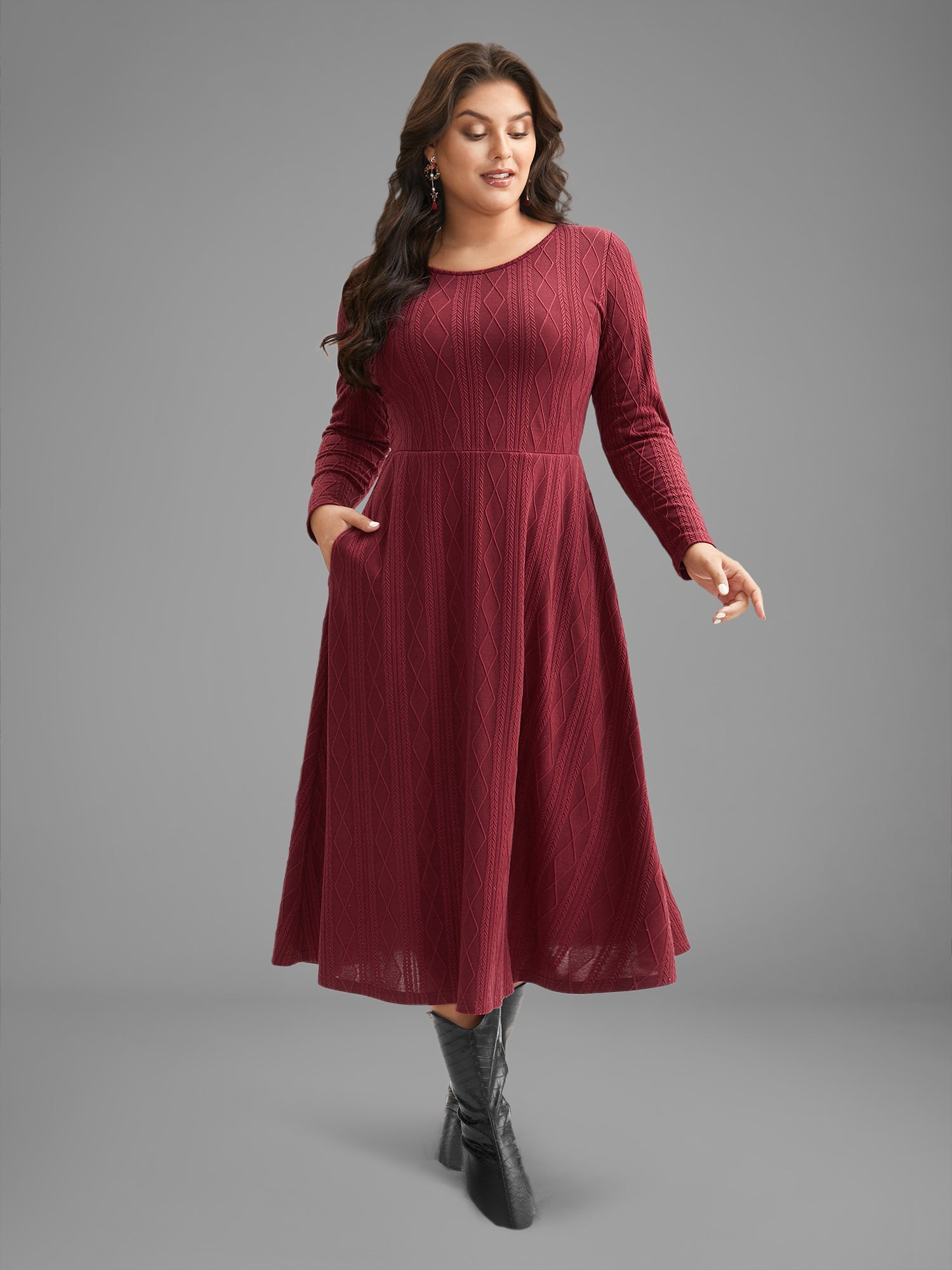 Textured Knit Fit-And-Flare Midi Dress